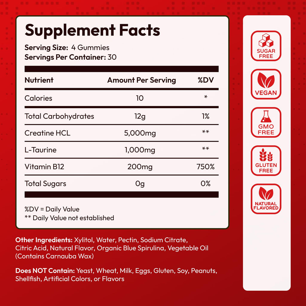 Creatine HCL for Adults 120 Gummies 6200mg - HCL Creatine Advanced Complex with L-Taurine + Vitamin B12 for Men & Women Muscle Strength & Builder, Energy Boost,