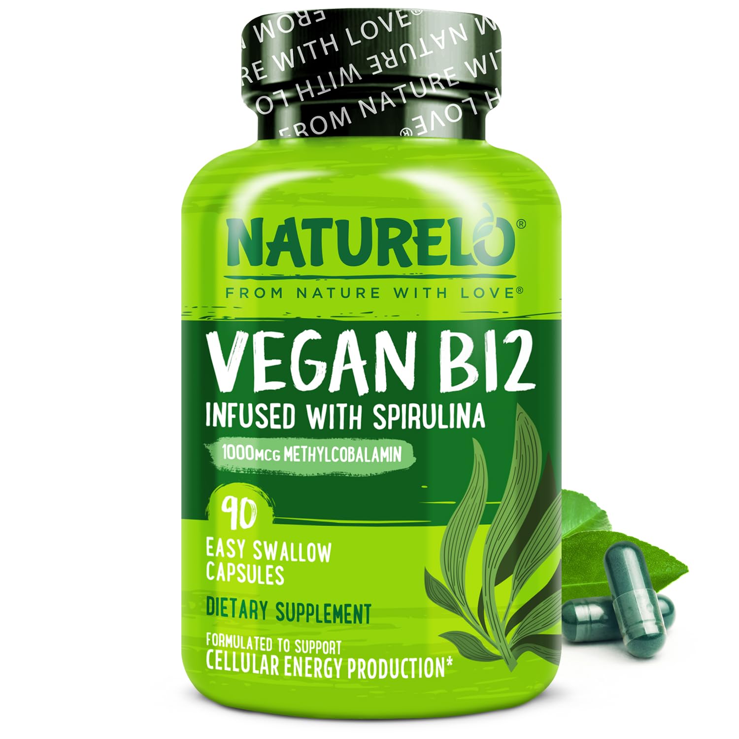 NATURELO Vegan B12 - Methyl B12 with Organic Spirulina - High Potency Vitamin B12 1000 mcg Methylcobalamin - Supports Healthy Mood