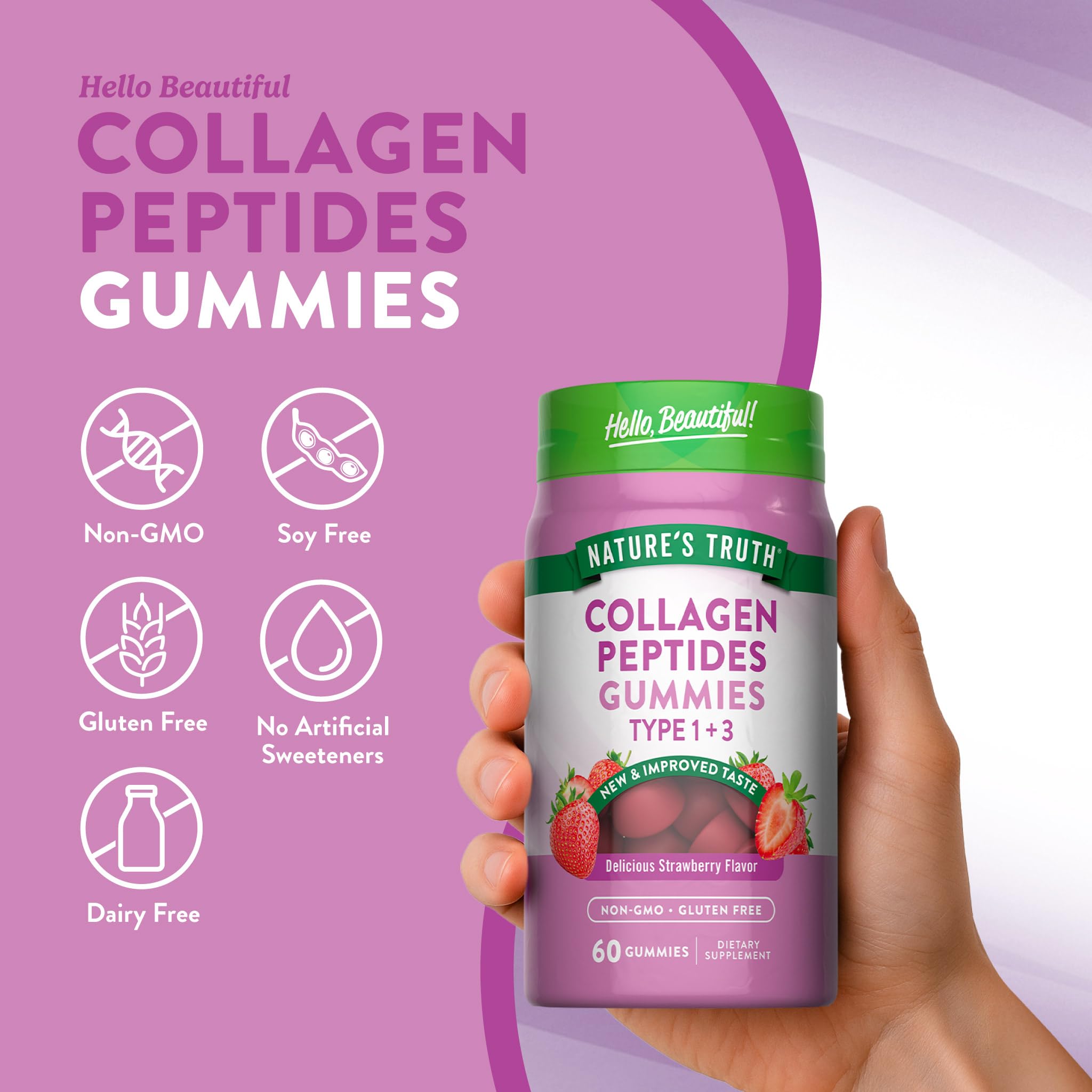 Nature's Truth Collagen Peptide Gummies for Women | 60 Count Type 1 and 3 | Strawberry Flavor