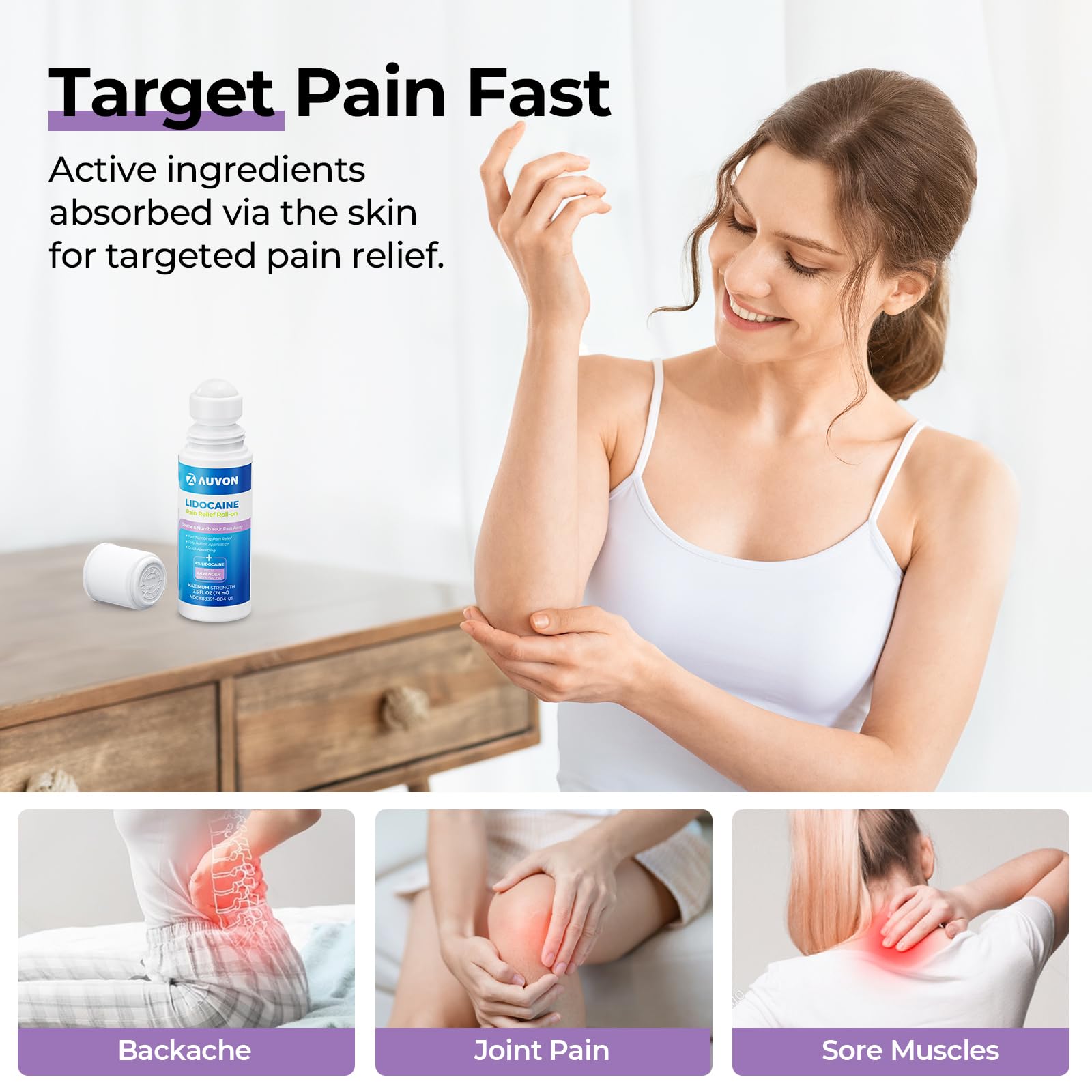 AUVON Max Strength Lidocaine Pain Relief Roll-On with Lavender Essential Oil, No Mess Applicator, Quick Absorbing to Numb & Soothe Pain Relief for Knees, Shoulders, 2.5 Oz, 2 Packs AUVON Au supplements