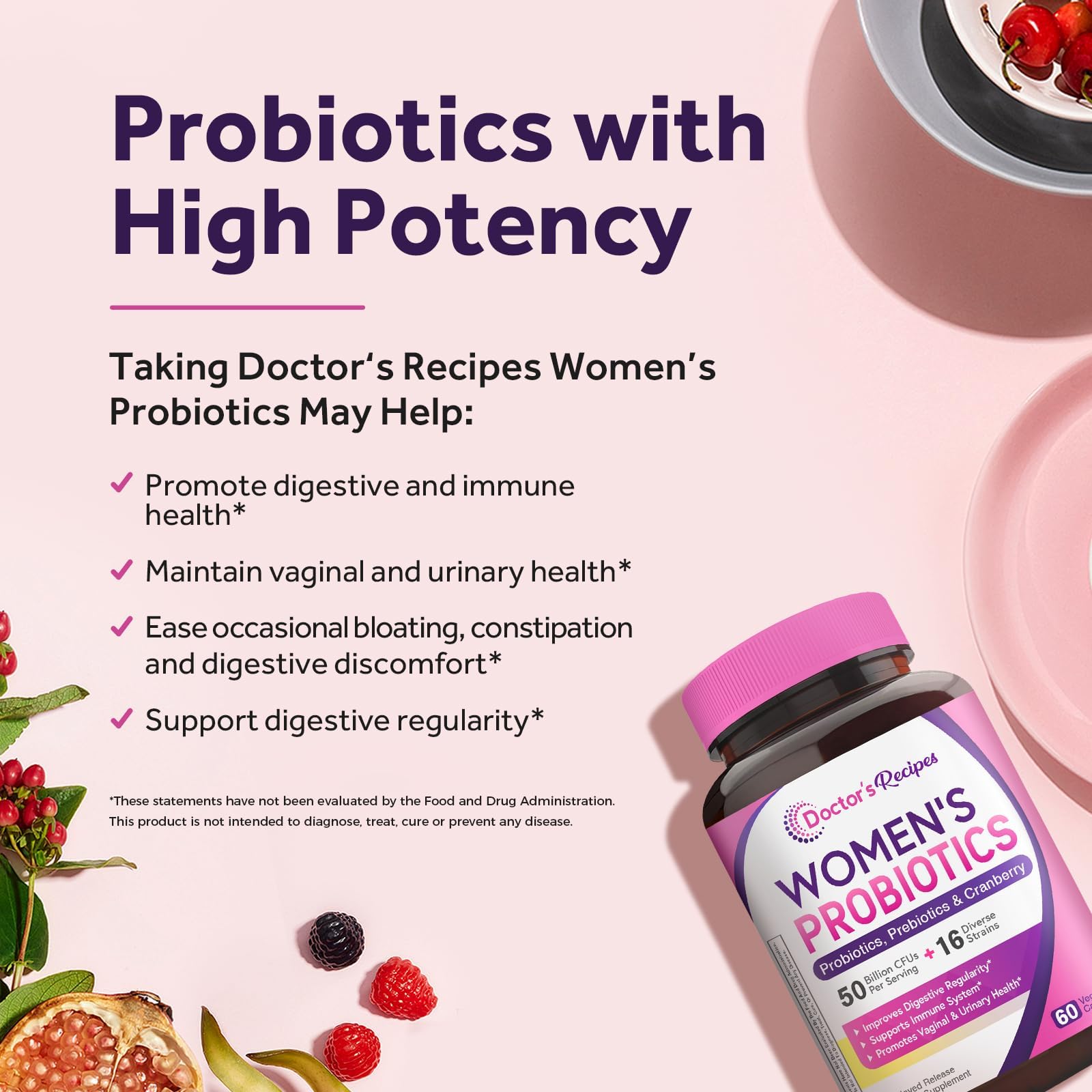 Doctor's Recipes Women's Probiotic, 60 Caps 50 Billion CFU 16 Strains, with Organic Cranberry, Digestive Immune Vaginal & Urinary Health, Shelf Stable