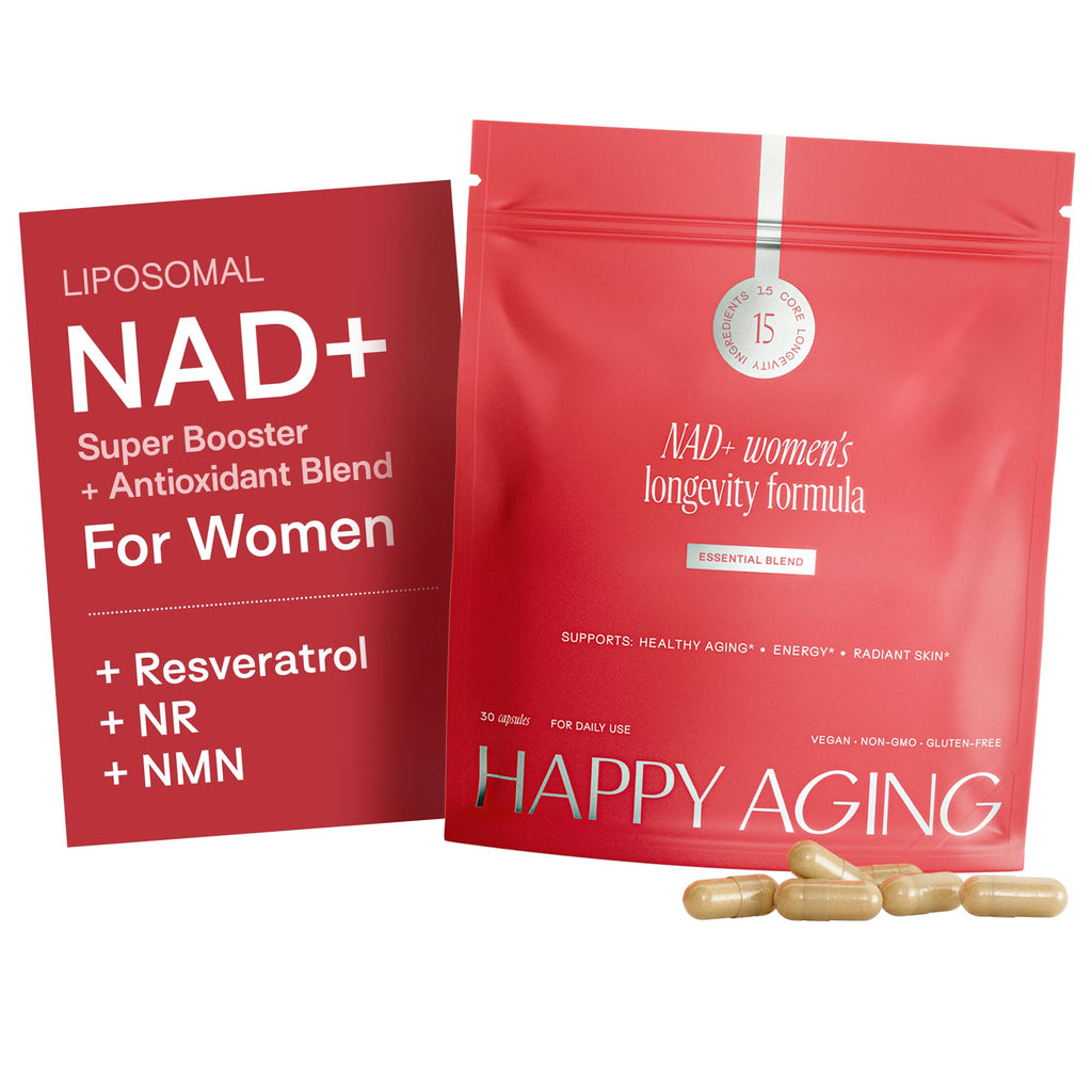 Happy Aging Essential Longevity Formula, NAD+ Super Booster with NR, NMNH & Liposomal β-NAD+, Organic Antioxidant Superfruit Blend for Cellular Energy, Skin Hydration & Daily Vitality, 30 Capsules Happy Aging Au supplements