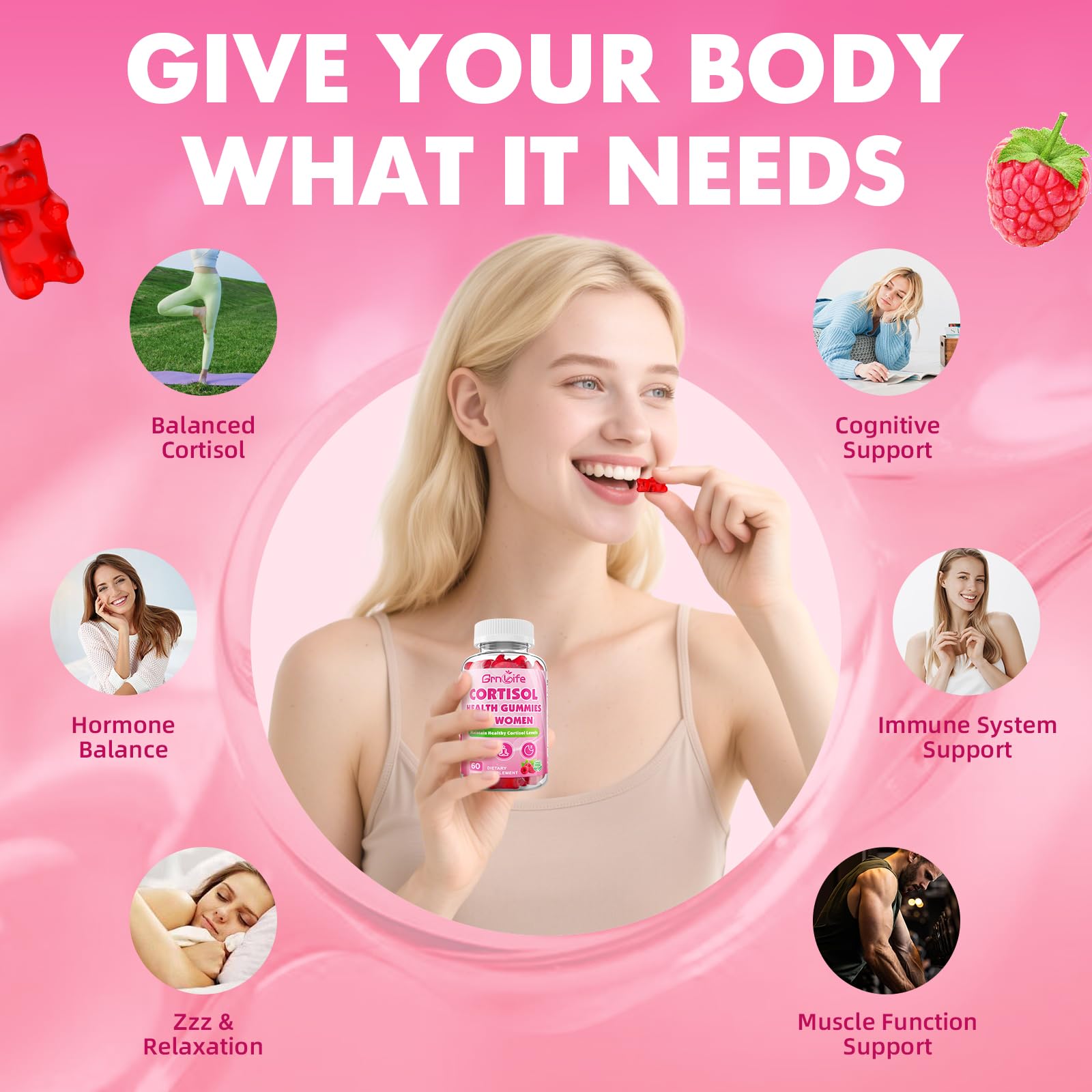 Cortisol Gummies for Women, Cortisol Supplements Gummies with Magnesium Ashwagandha Rhodiola Rosea and L-theanine Complex for Relaxation and Focus, Zzz Support, Raspberry Flavor, 60 Count GrnLife Au supplements