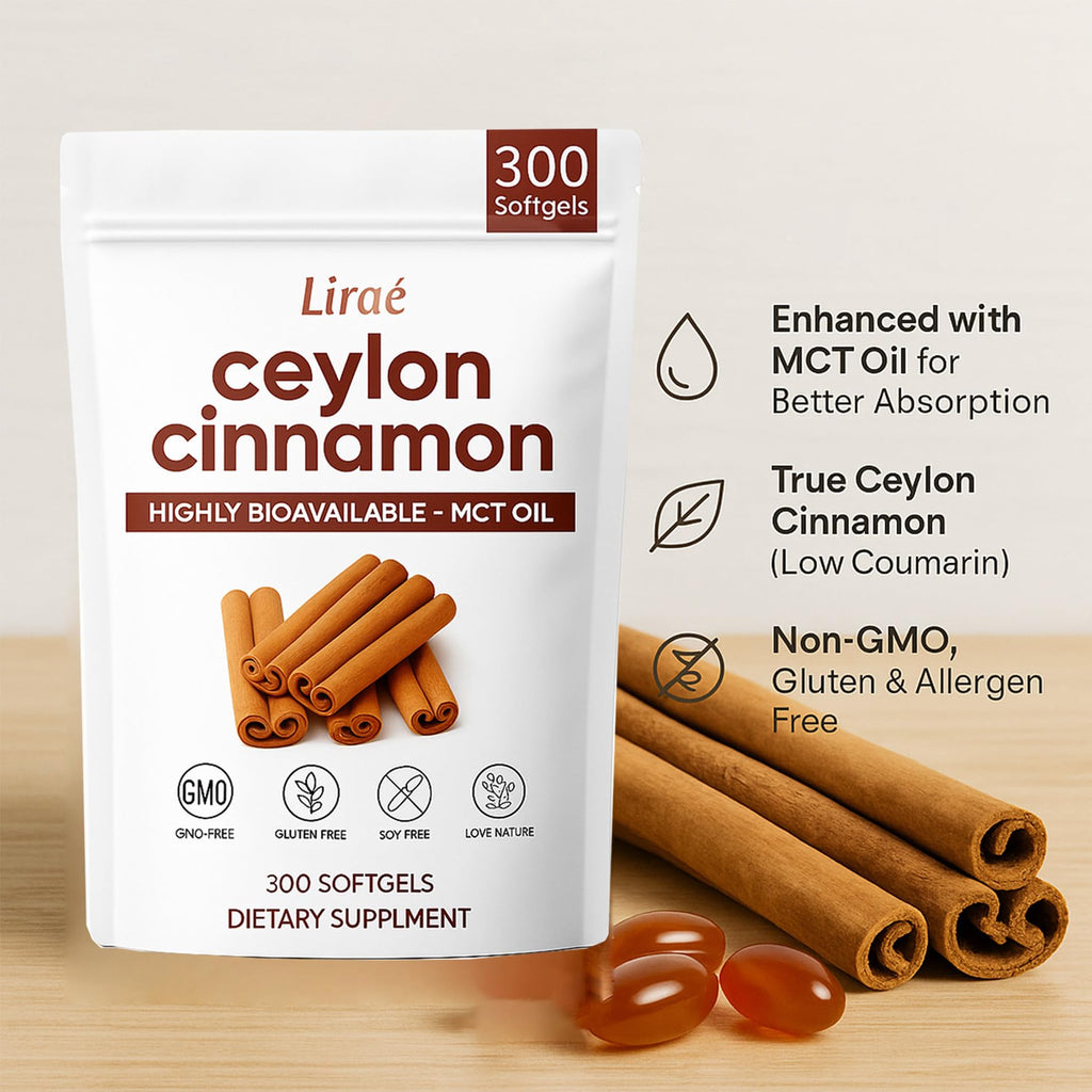LIRAE Ceylon Cinnamon Softgels with MCT Oil – 300 Softgels – True Ceylon Cinnamon Supplement – Non-GMO, Gluten Free