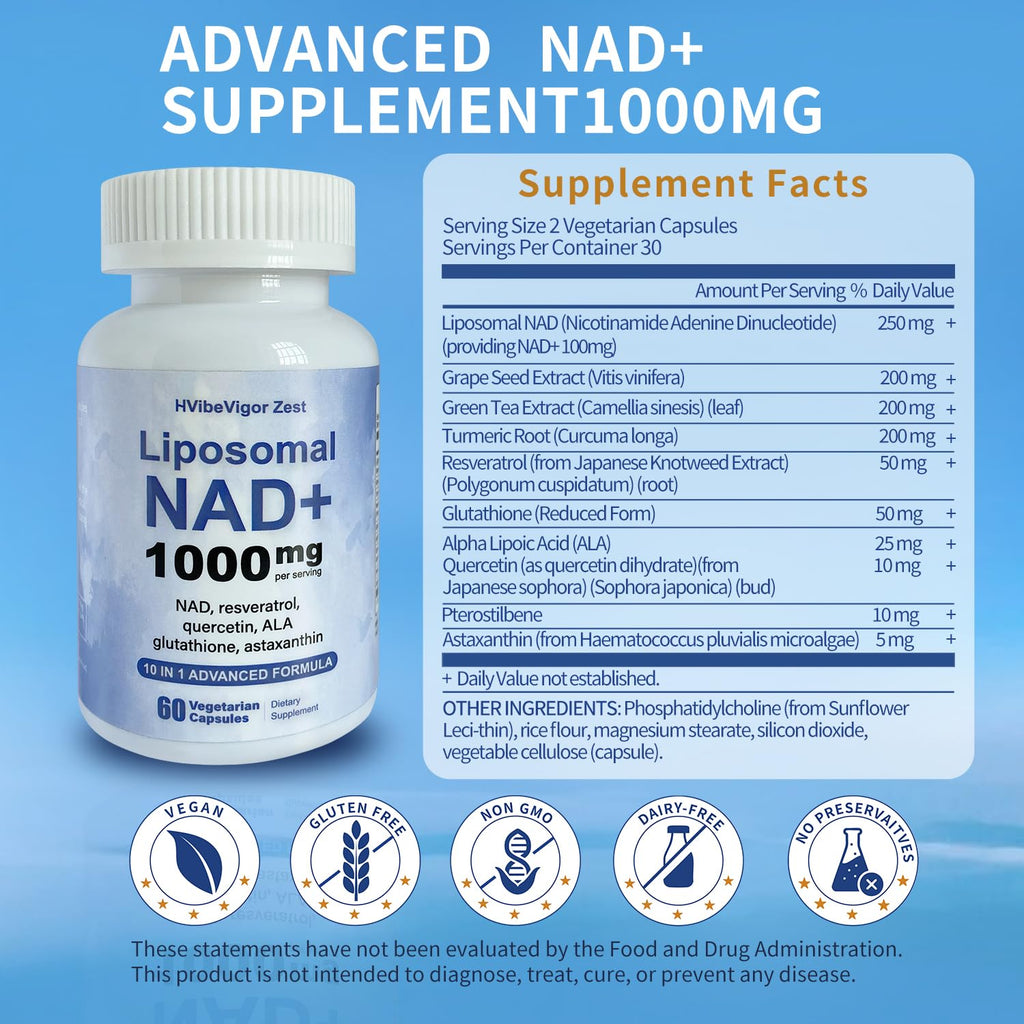 NAD Supplement 1000mg, Liposomal NAD+ Supplement with Resveratrol, Glutathione & Astaxanthin - Support Cellular Health, Stamina & Healthy Aging, NMN Supplement Alternative – 60 Capsules HVibeVigor Zest Au supplements