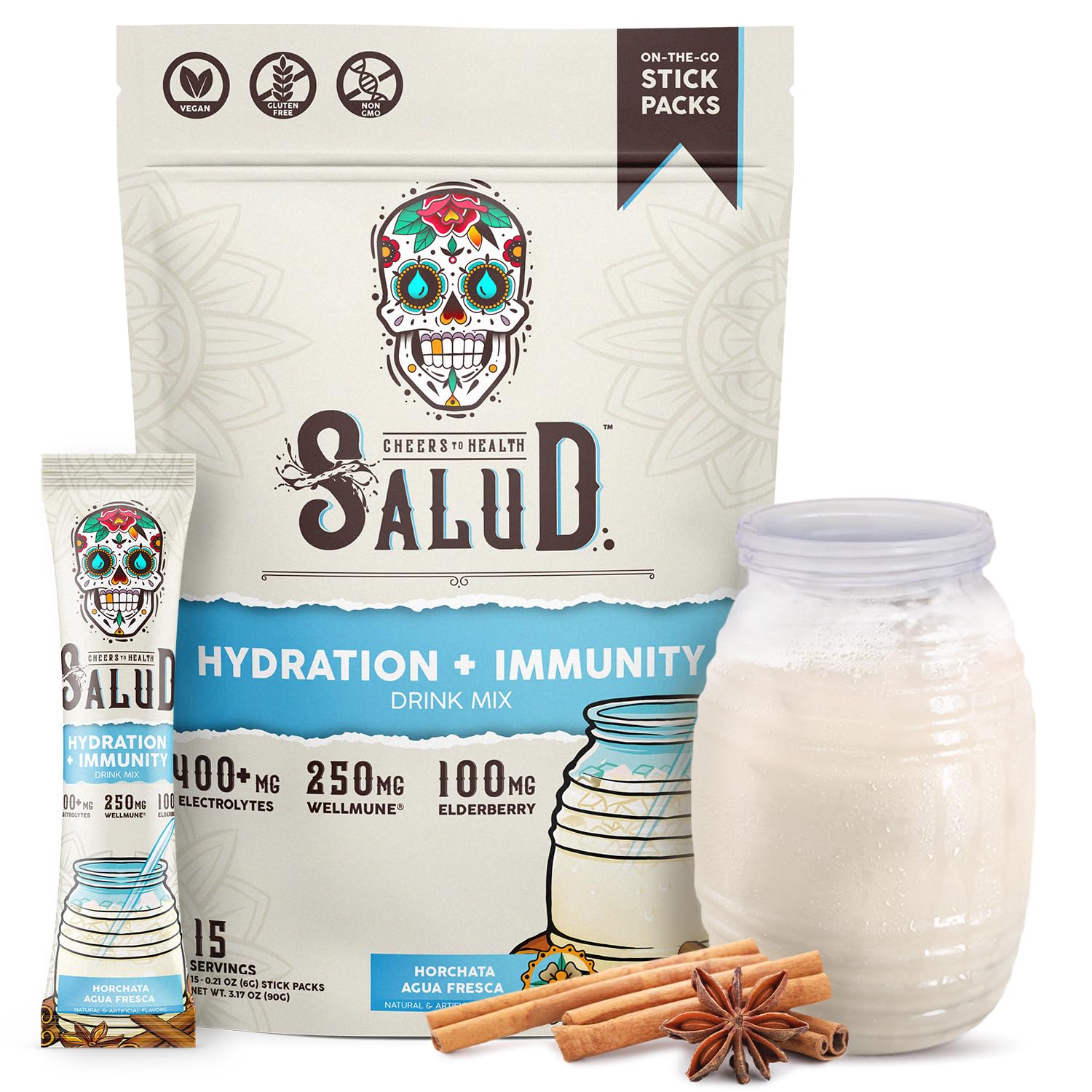 Salud 2-in-1 Hydration Packets + Immunity Electrolytes Powder, Horchata - Agua Fresca Drink Mix, Elderberry, Dairy & Soy Free, Non-GMO, Gluten Free, Vegan