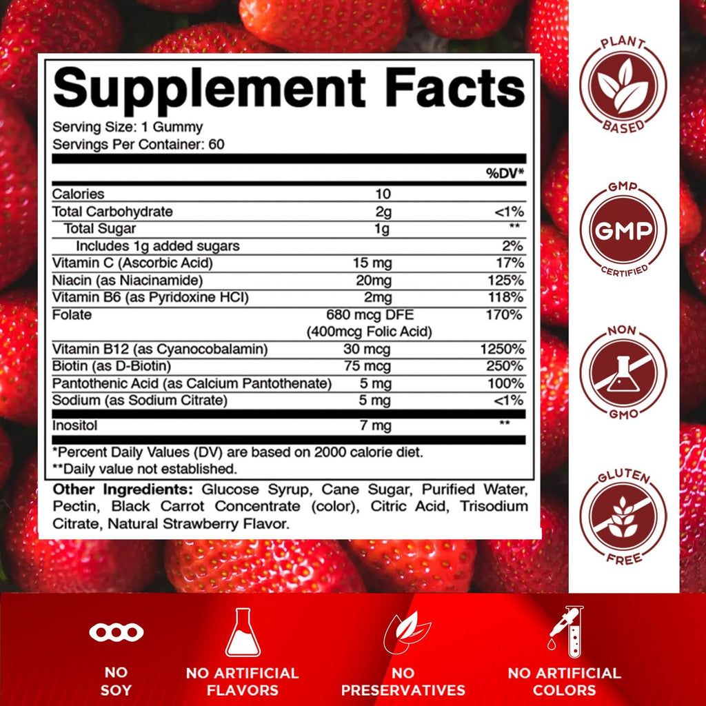 Vitamatic Vitamin B Complex Gummies with Vitamin C & Inositol - Natural Strawberry Flavor - 60 Gummies (1 Bottle)