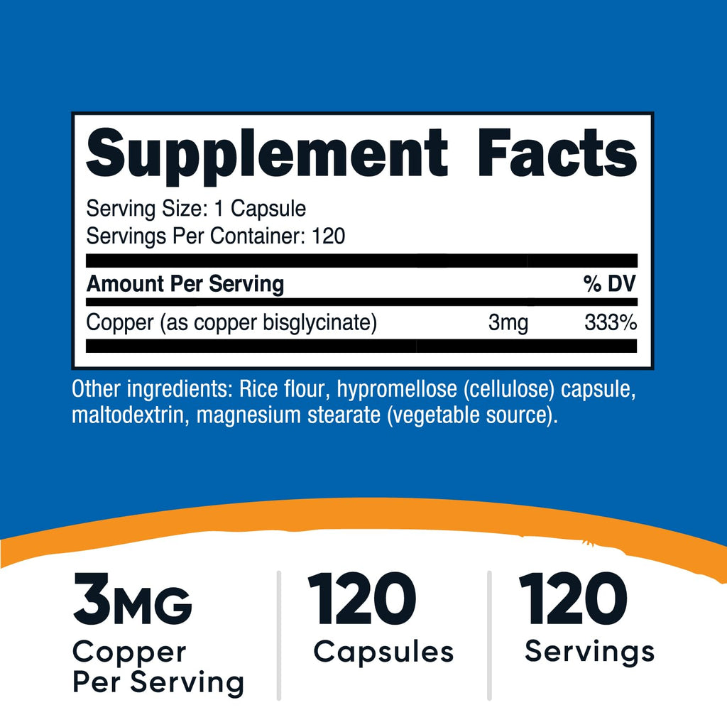 Nutricost Copper Glycinate Capsules (120 Capsules, 3MG Copper per Serving) - Non GMO, Vegan