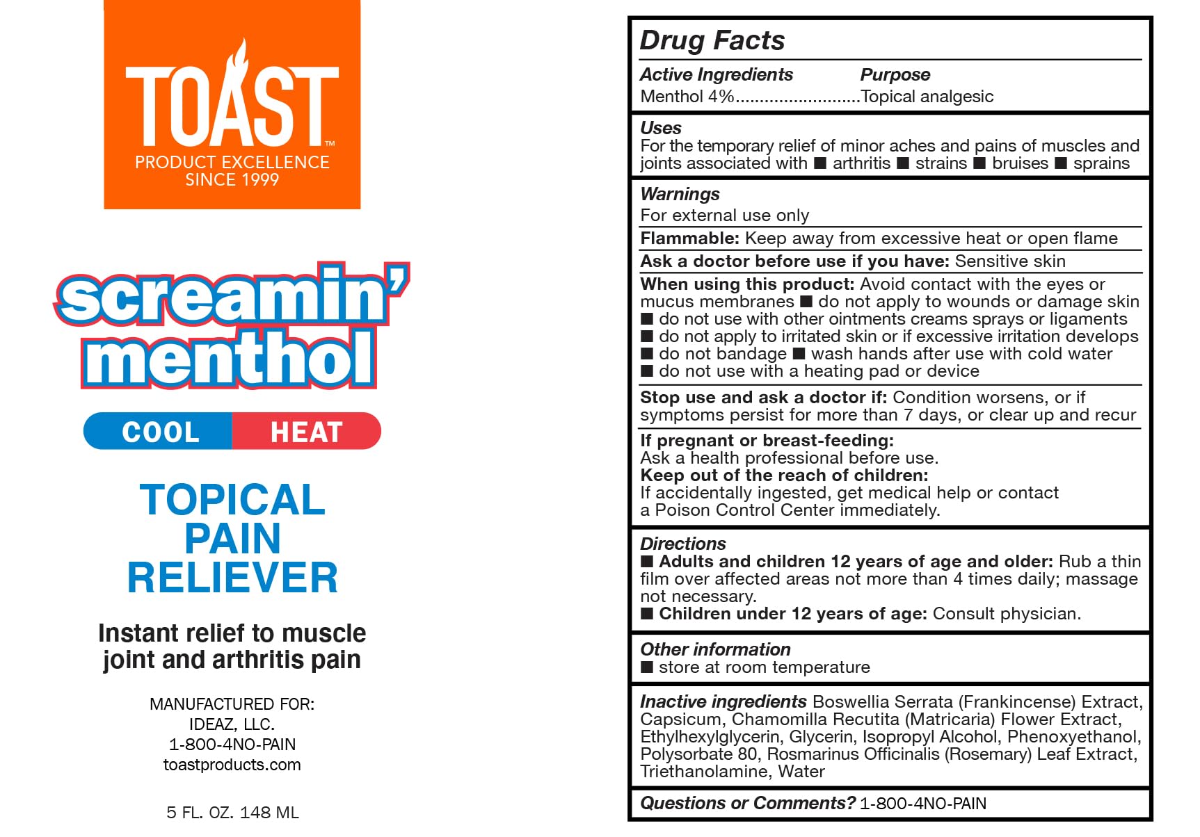 Toast Screamin Menthol Cool Heat Topical Pain Relief Cream for Muscles and Joints - 5 Ounces Toast Au supplements