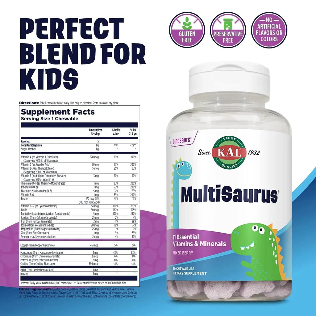 KAL MultiSaurus Kids Chewable Multivitamins, 11 Essential Vitamins and Minerals for Kids, Mixed Berry Flavor, Gluten and Preservative Free KAL Au supplements