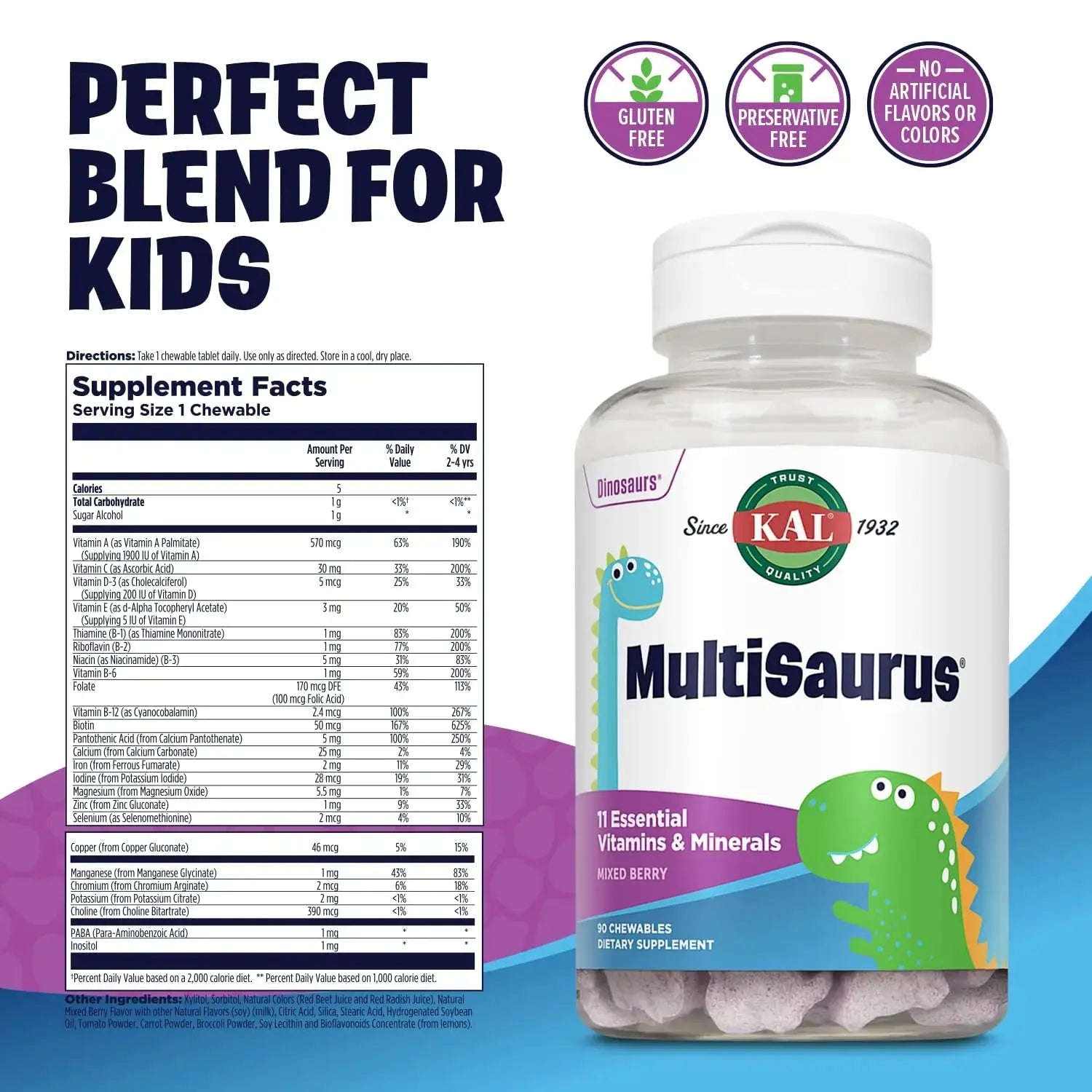 KAL MultiSaurus Kids Chewable Multivitamins, 11 Essential Vitamins and Minerals for Kids, Mixed Berry Flavor, Gluten and Preservative Free KAL Au supplements