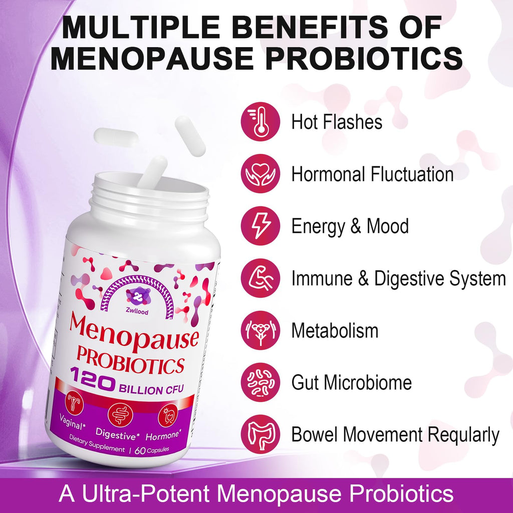 Menopause Supplements for Women, 120 Billion CFU Menopause Probiotics for Women, All-Natural Probiotic for Hot Flashes Menopause, Night Sweats, Mood Swings, Gut and Hormone - 60 Herbal Capsules Zwllood Au supplements