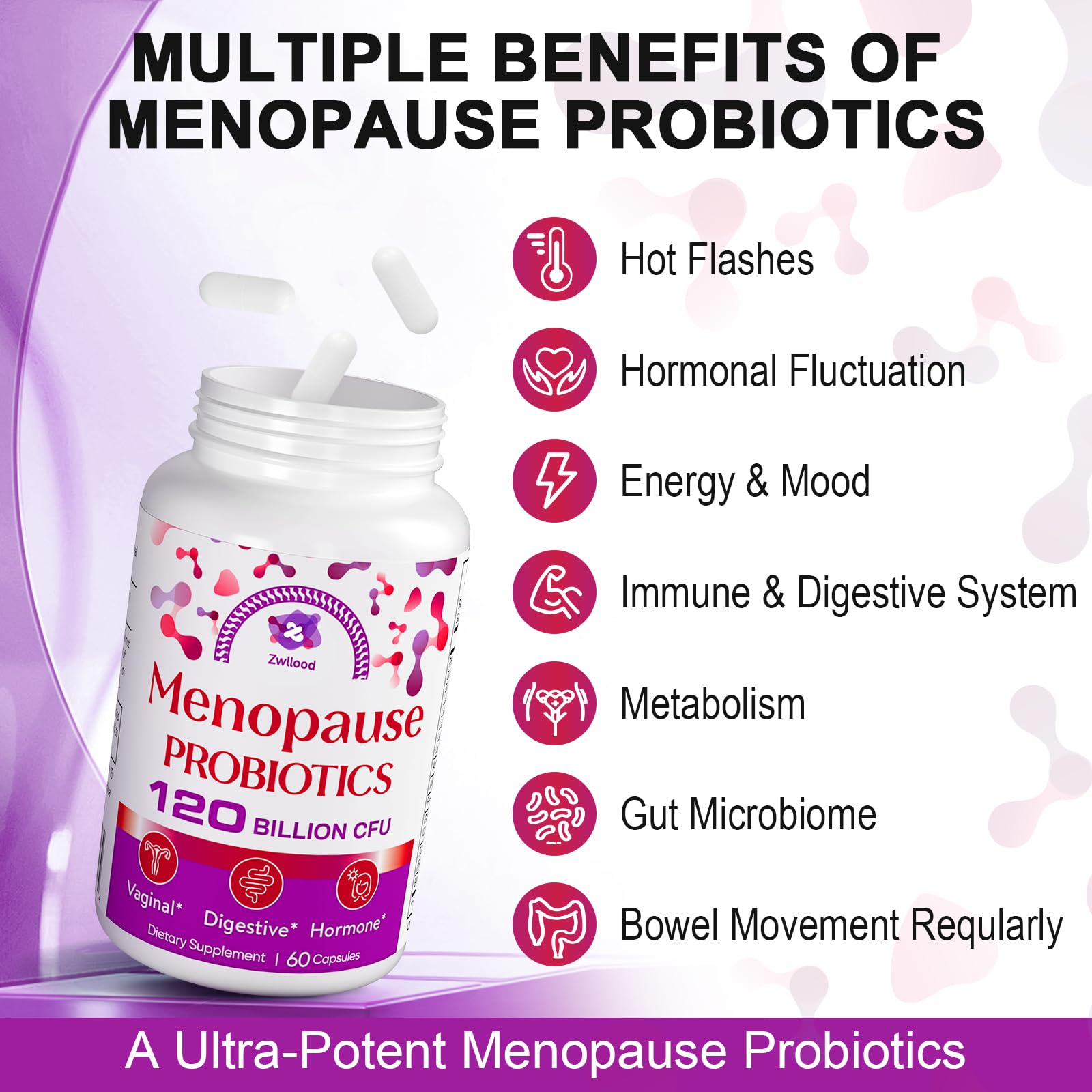 Menopause Supplements for Women, 120 Billion CFU Menopause Probiotics for Women, All-Natural Probiotic for Hot Flashes Menopause, Night Sweats, Mood Swings, Gut and Hormone - 60 Herbal Capsules Zwllood Au supplements