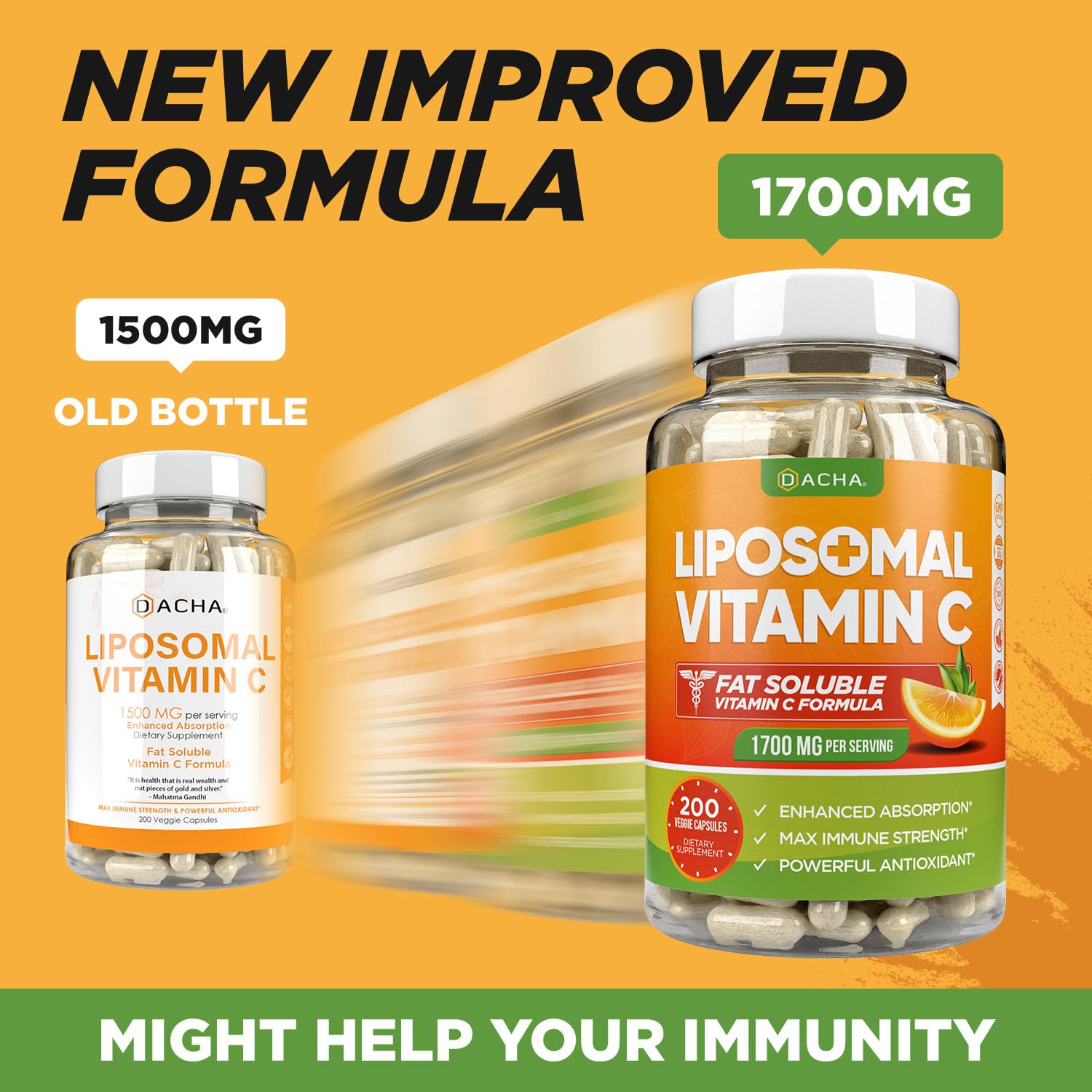 DACHA Natural Liposomal Vitamin C - 1700mg, 200 Capsules, Immune System & Collagen Booster, High Absorption Fat Soluble VIT C