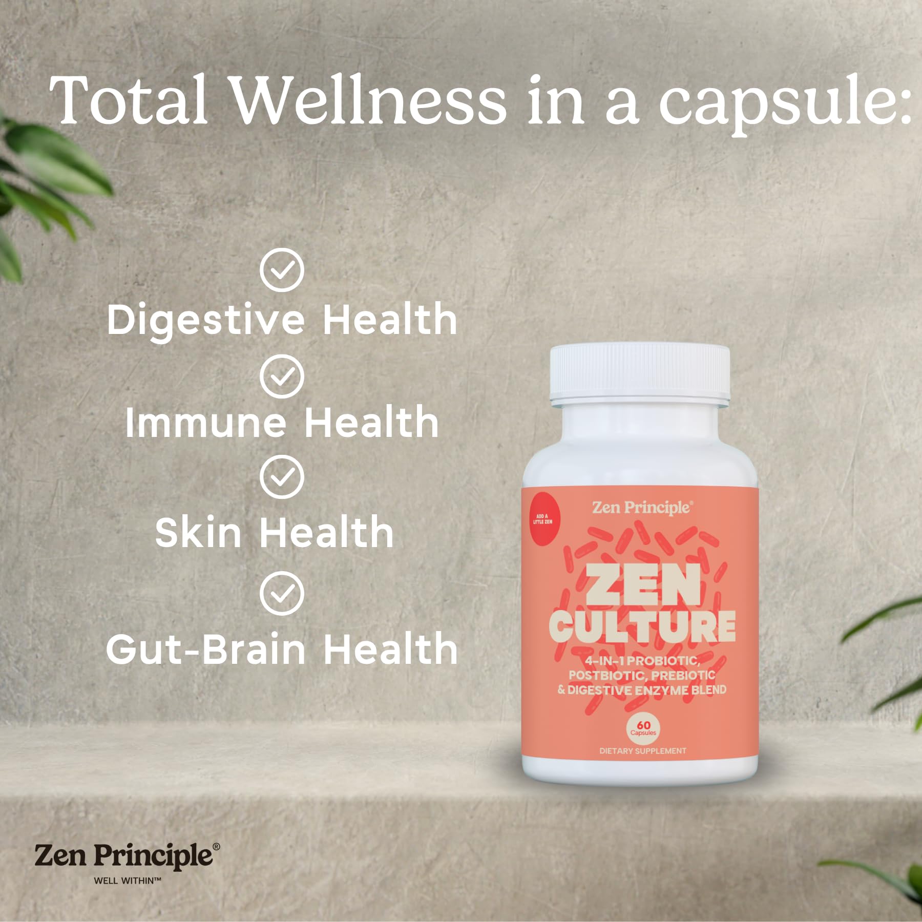 Zen Principle Zenculture™ – 4-in-1 Synbiotic Supplement (Probiotic + Prebiotic + Postbiotic + Digestive Enzymes) with CoreBiome®. Anti Bloating,