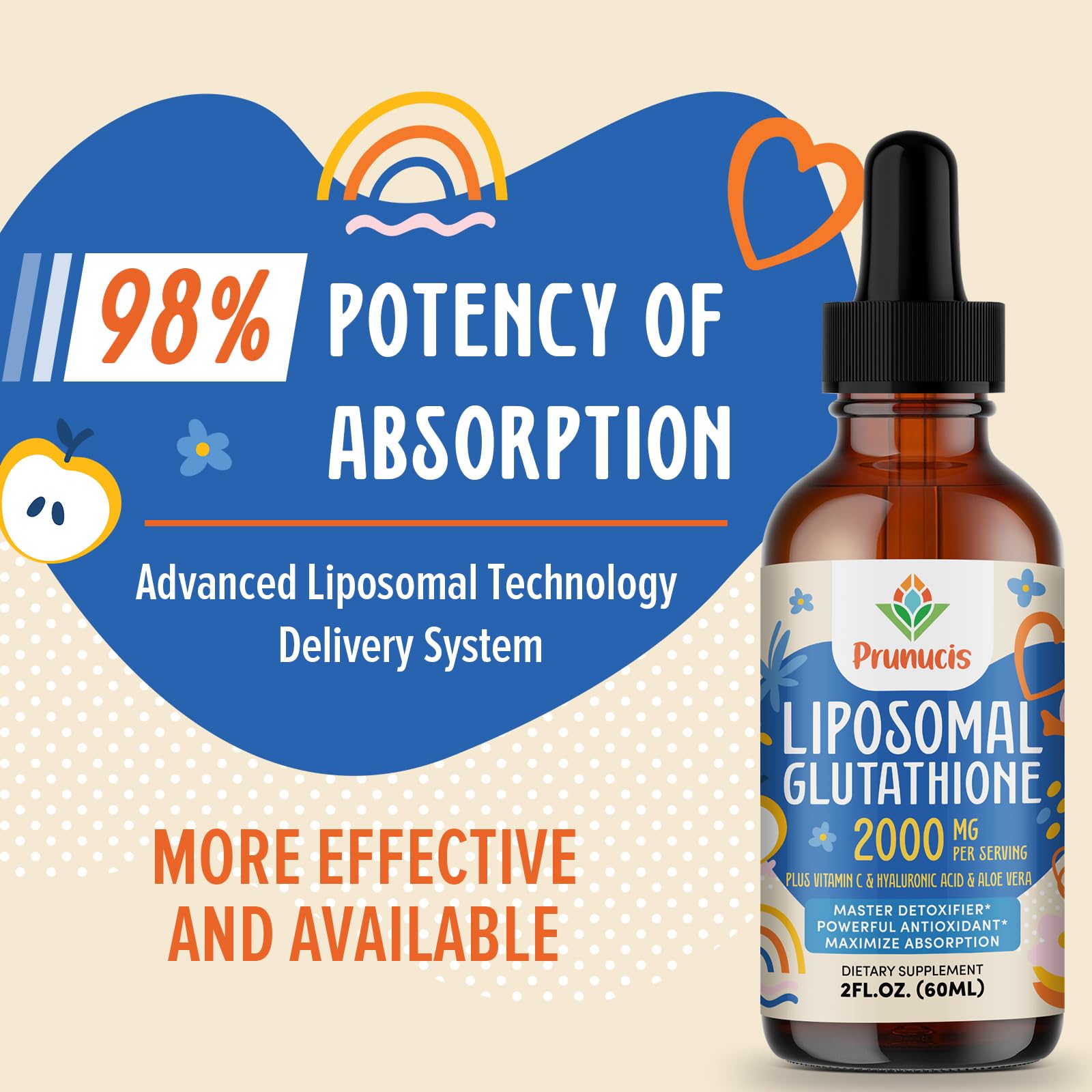 Prunucis 2000MG Liposomal Glutathione Liquid, 98% Absorption, Active Form L-Glutathione Supplement,