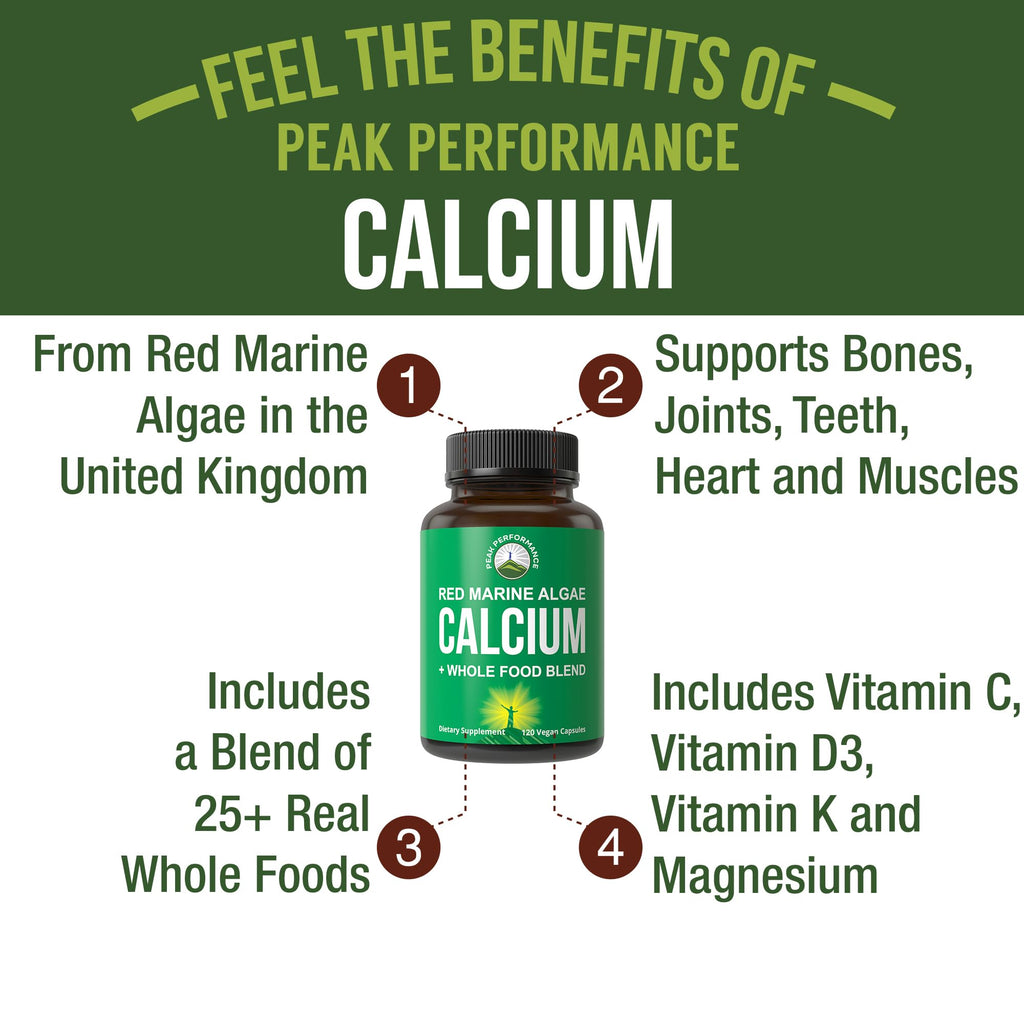 Plant Based Calcium - Red Marine Algae Calcium Supplement with Vitamin C, D3, K, Magnesium, and Whole Food Vegetable Blend. Vegan Capsules for Bones and Joints. 120 Pills, Tablets Peak Performance Au supplements