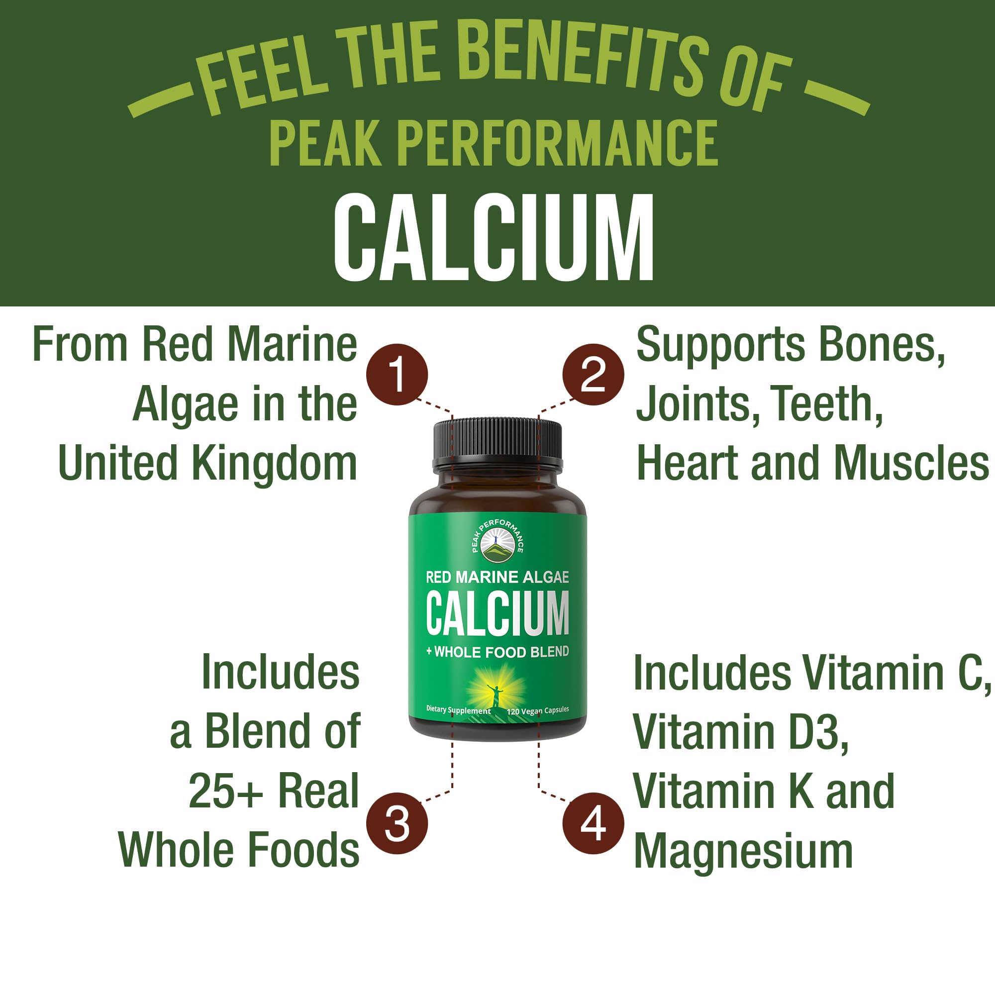 Plant Based Calcium - Red Marine Algae Calcium Supplement with Vitamin C, D3, K, Magnesium, and Whole Food Vegetable Blend. Vegan Capsules for Bones and Joints. 120 Pills, Tablets Peak Performance Au supplements