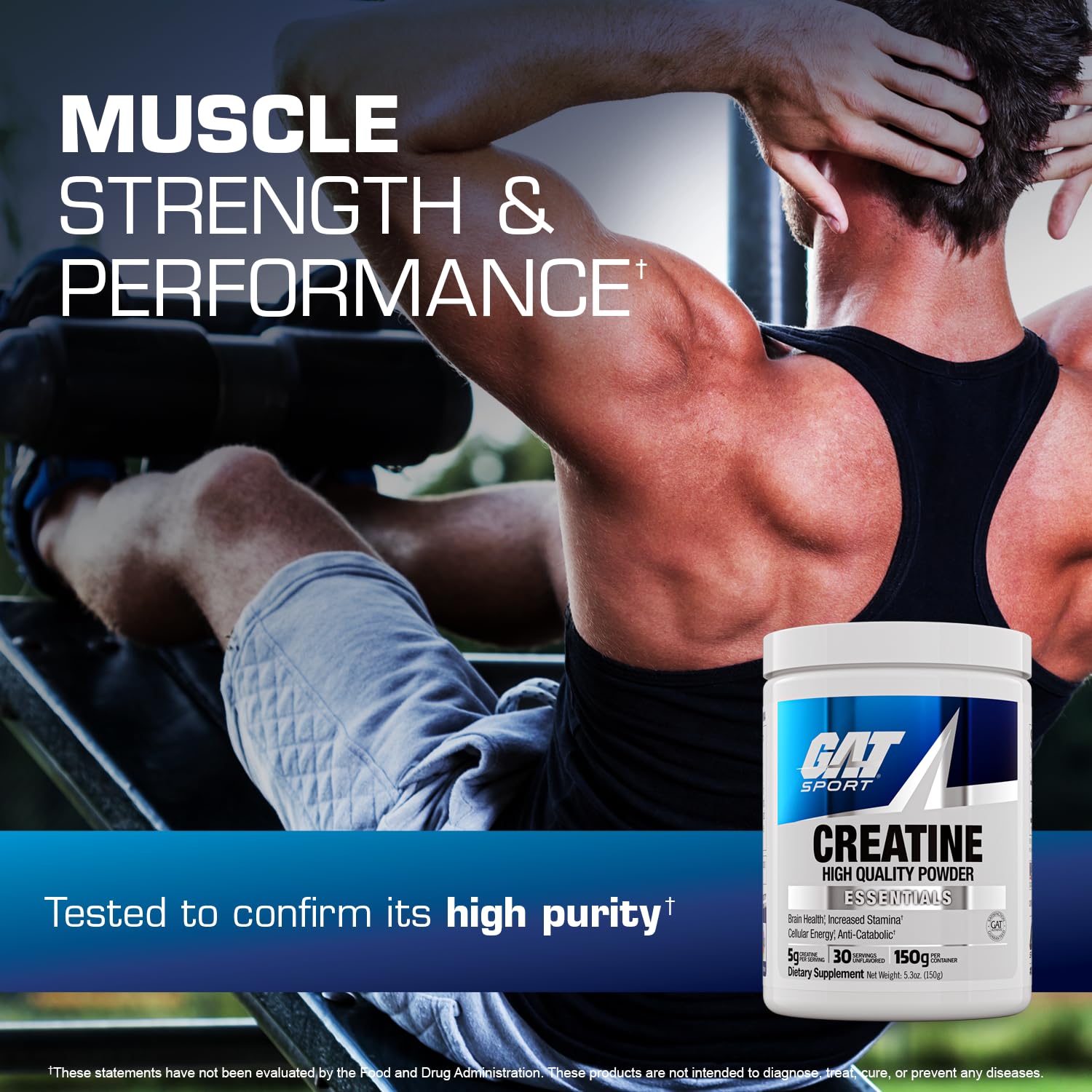 GAT SPORT Creatine Monohydrate Powder, 150 Grams, Strength, Brain Health, GLP1 Support Anti-oxidant, Endurance, for Men & Women, 1 Month Supply, Unflavored (30 Servings) GAT SPORT Au supplements