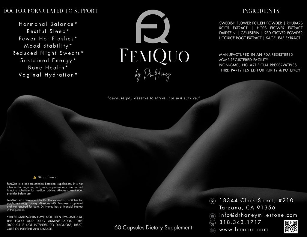 FemQuo by Dr. Honey Menopause & Perimenopause Support for Women Non Hormonal OBGYN Formulated with Rhapontic Rhubarb Red Clover Hops &Sage to Help Hot Flashes Night Sweats Sleep and Mood 60 Capsules FemQuo by Dr. Honey Au supplements