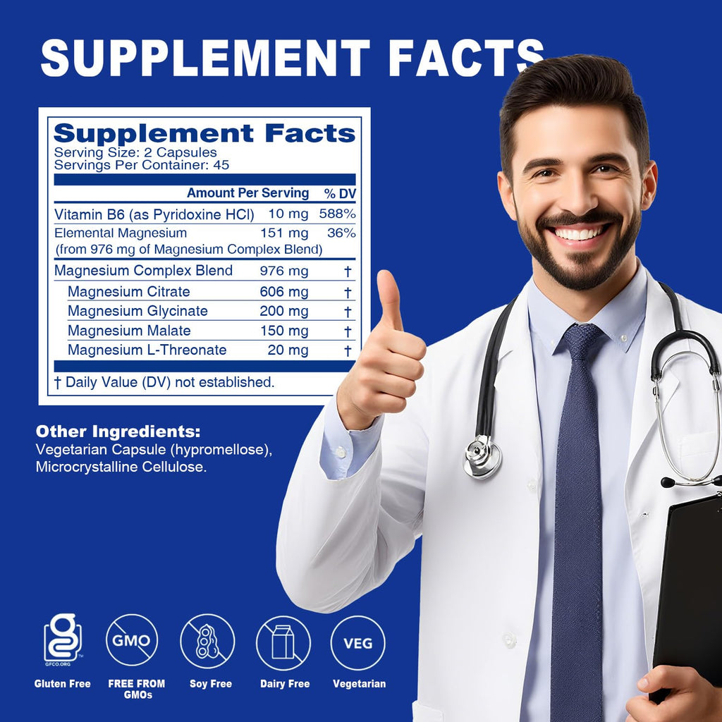 5 in 1 Magnesium Complex Capsule 976mg wtih Magnesium Glycinate, Citrate, Malate, L-Threonate & Vitamin B6, High Absorption Magnesium Complex for Women & Men, Third-Party Tested, Vegan, Non-GMO Sound Health Plus Au supplements