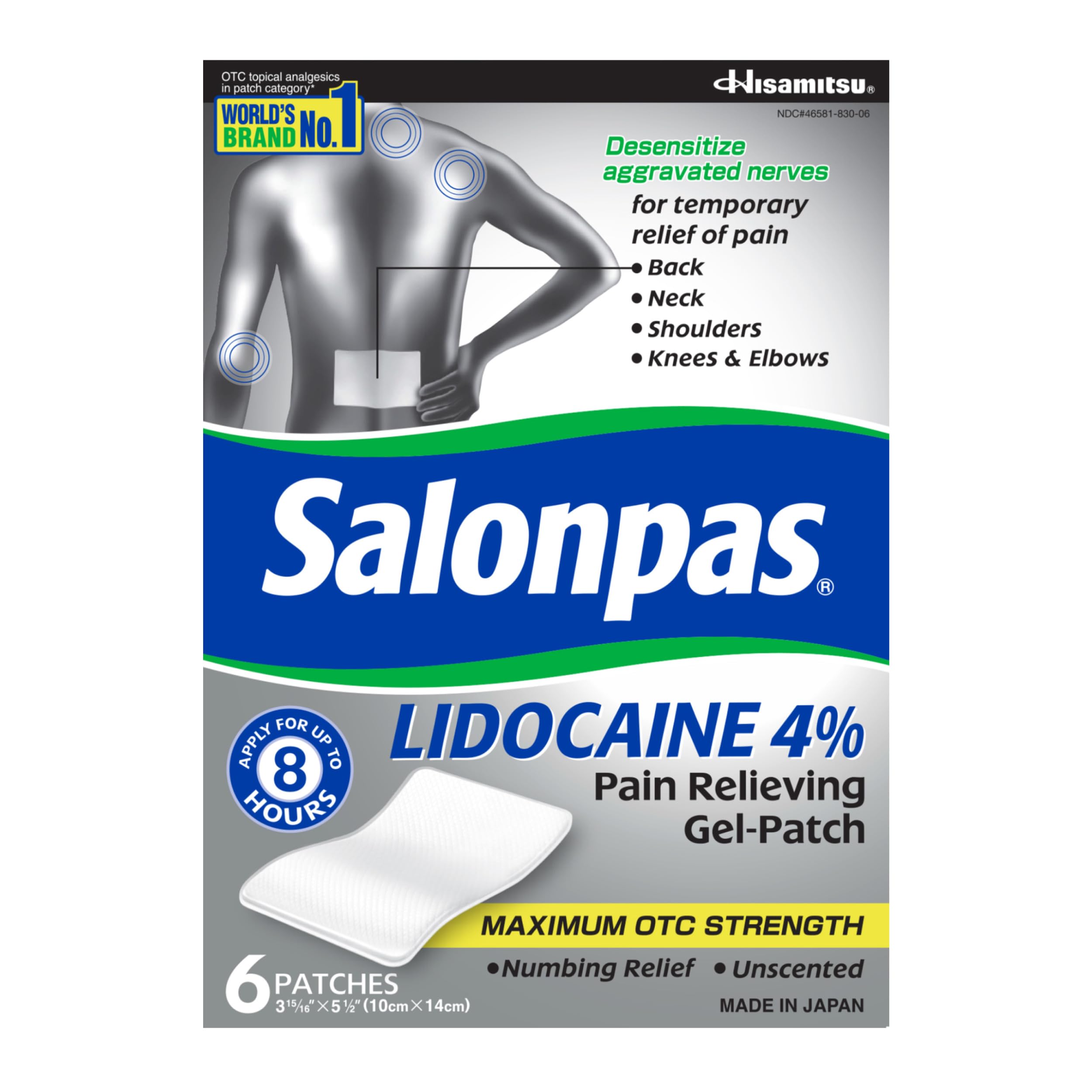 Salonpas Lidocaine 4% Pain Relieving Gel-Patch, 6 Count, for Back, Neck, Shoulder, Knee & Elbow Pain Salonpas Au supplements