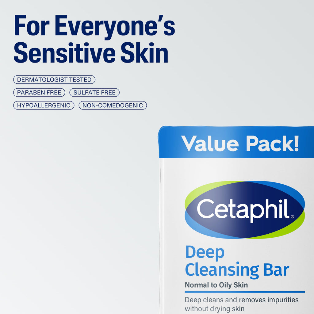 Cetaphil Bar Soap, Deep Cleansing Face and Body Bar, Pack of 3, For Dry to Normal, Sensitive Skin, Soap Free, Hypoallergenic, Paraben Free