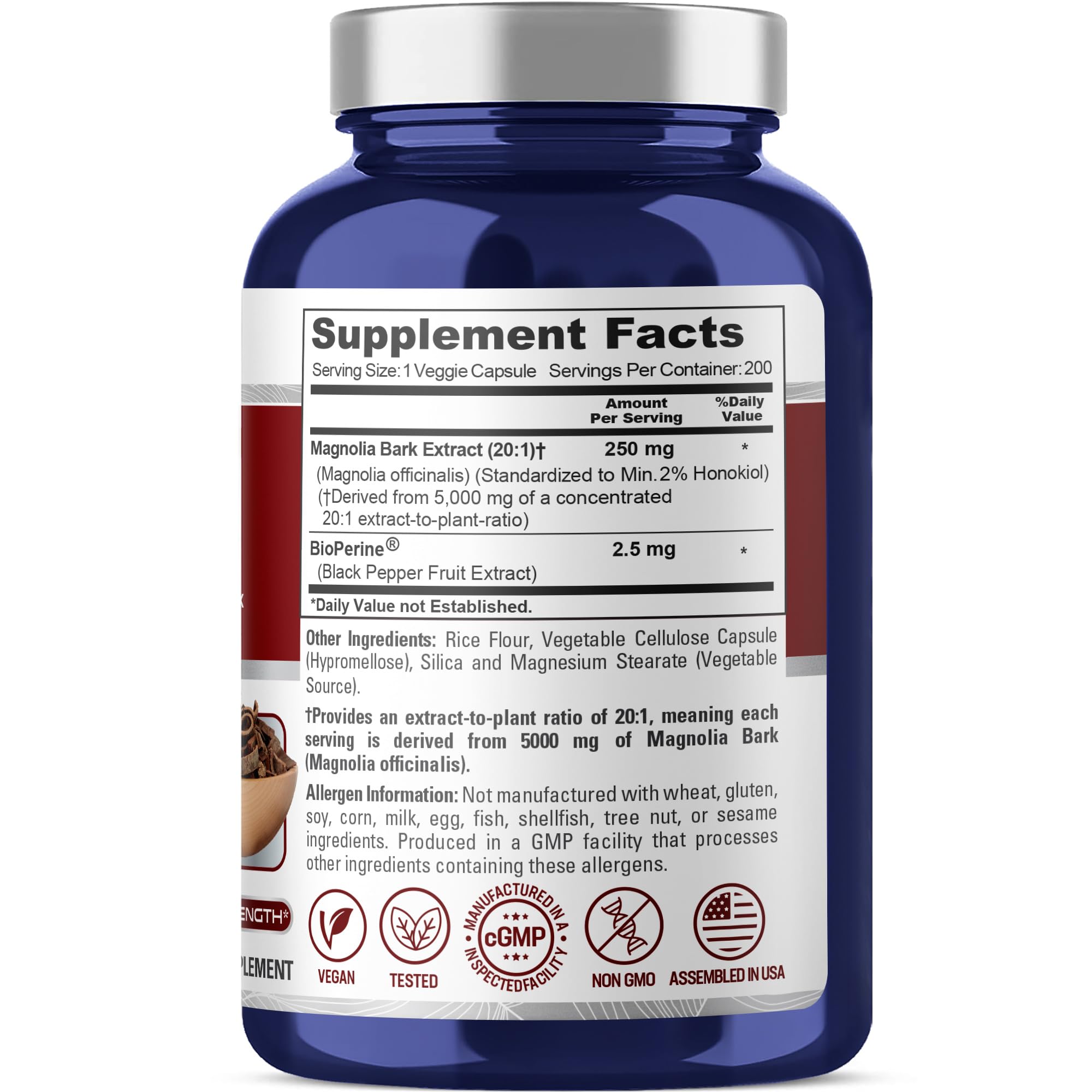 NusaPure Magnolia Bark 20:1 Extract, 250 mg Equivalent to 5,000 mg 200 Vegan Vegetarian Capsules Non-GMO NusaPure Au supplements