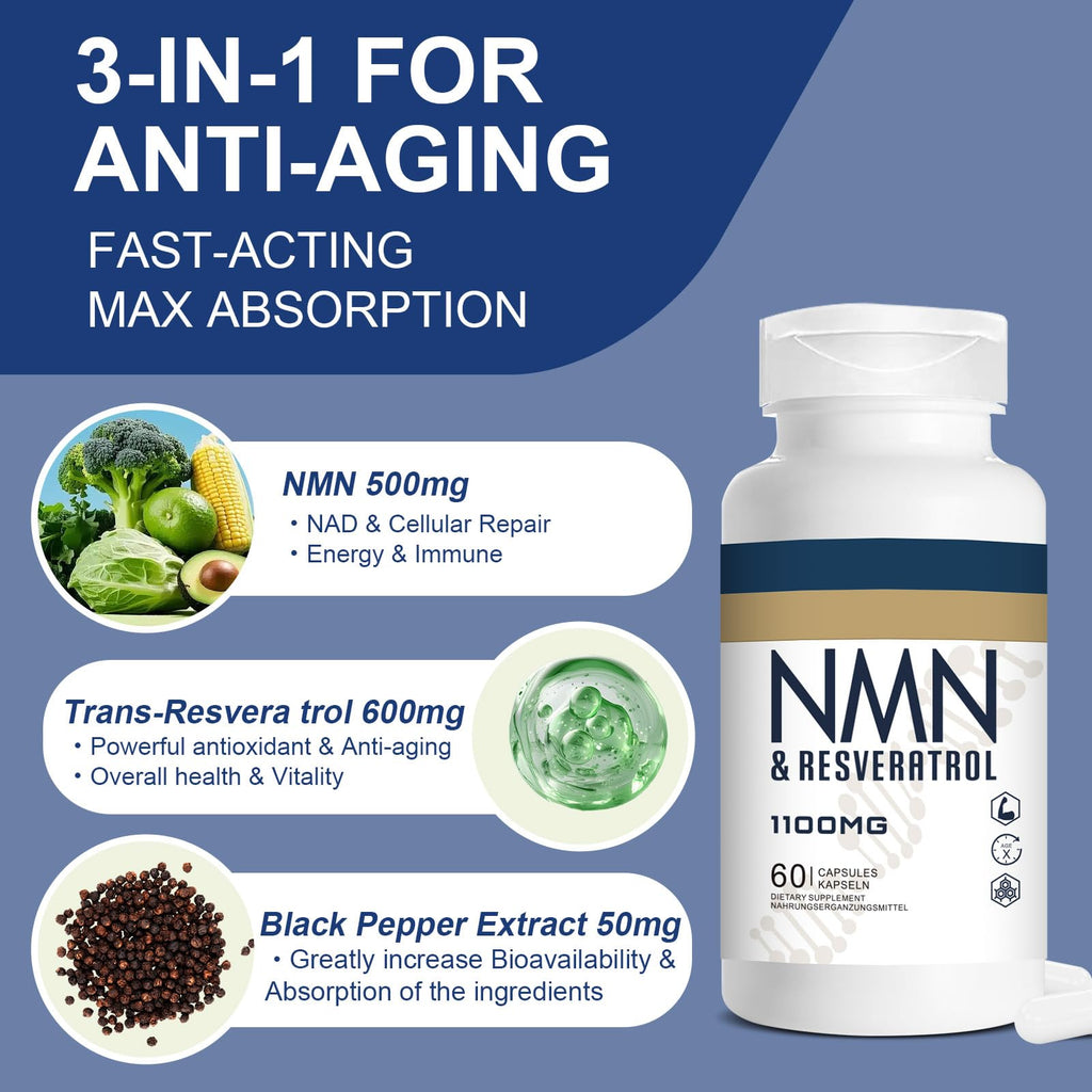 Jeaderly 1100mg NMN & Trans-Resveratrol, 3-in-1 Supplement, 60 Veggie Capsules – Supports NAD+ Boost*, Cellular Energy, Immune Function, Muscle Health & Anti-Aging, 30-Day Supply Jeaderly Au supplements