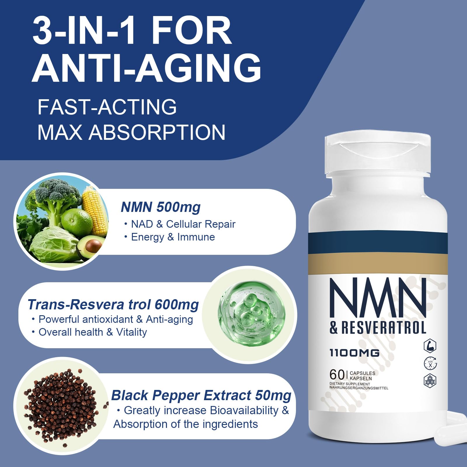 Jeaderly 1100mg NMN & Trans-Resveratrol, 3-in-1 Supplement, 60 Veggie Capsules – Supports NAD+ Boost*, Cellular Energy, Immune Function, Muscle Health & Anti-Aging, 30-Day Supply Jeaderly Au supplements