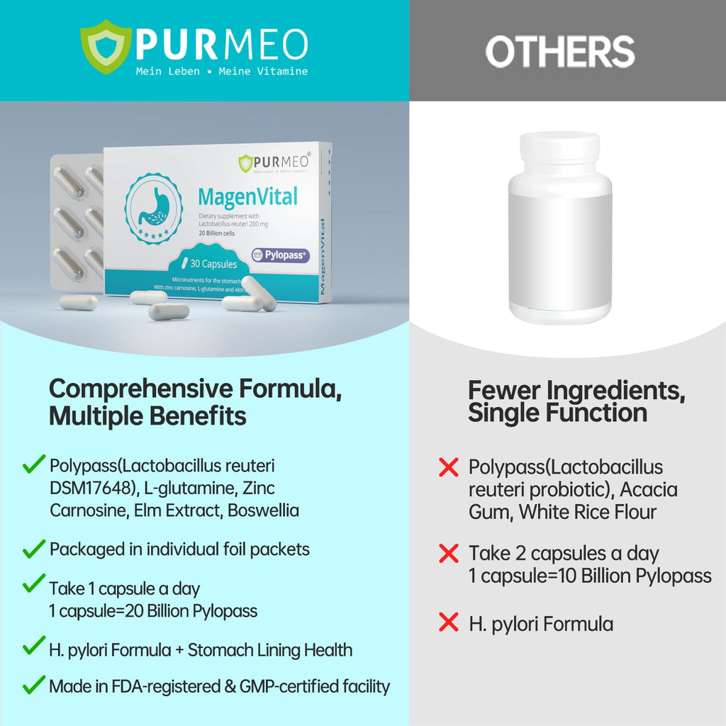 5-in-1 High Potency H. Pylori Probiotic, 1 Per Day - Supports Gastric Lining Integrity, Occasional Indigestion, Acid Comfort - Pylopass Lactobacillus Reuteri, Gluten Free, Vegan, 30ct, Made in Germany purmeo Au supplements