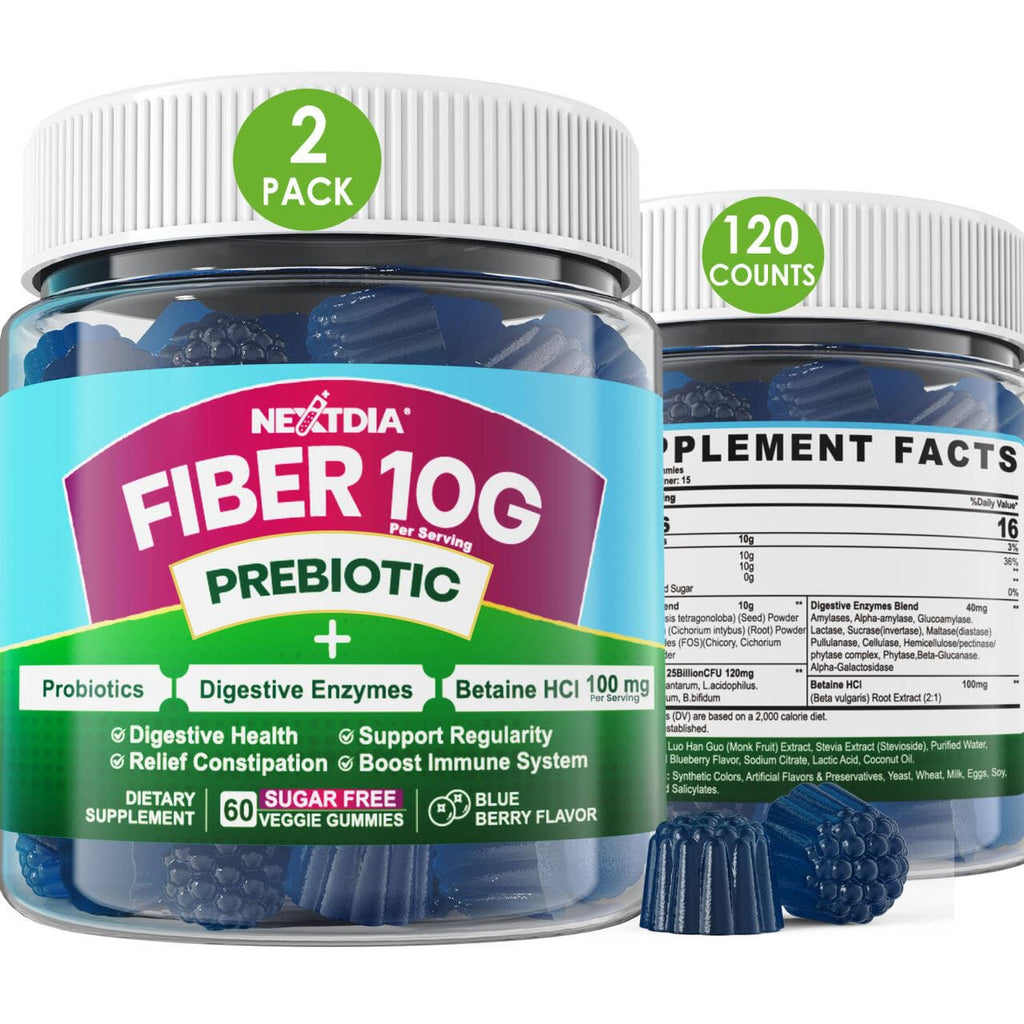Fiber Gummies for Adults, Sugar Free 10g Prebiotic Fiber Supplement with Digestive Enzymes, Probiotics & 100mg Betaine for Digestive & Gut Health