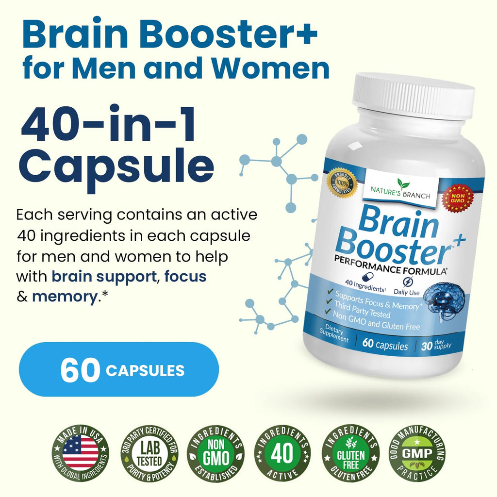 40-in-1 Brain Booster Supplement for Focus, Memory, Clarity, Energy | Advanced Vitamins Plus eBook | for Men & Women, Cognitive Function Nootropic Support with DMAE, Mind Health Formula | 60 Capsules NATURE'S BRANCH Au supplements