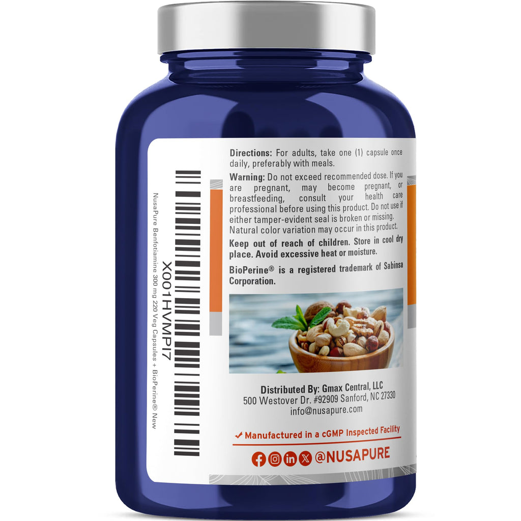 NusaPure Benfotiamine 300mg Per Veggie Caps 220 Count (Non-GMO, Vegan) Bioperine NusaPure Au supplements