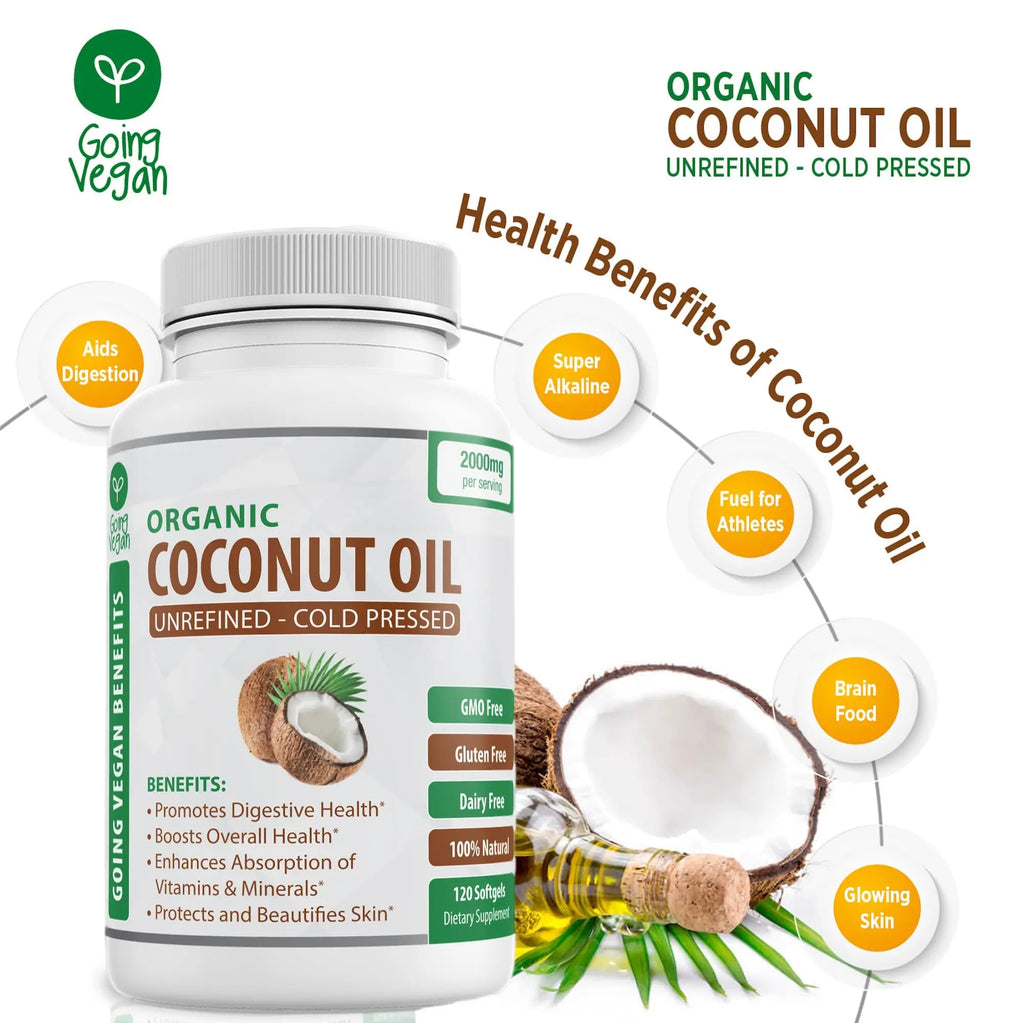 Organic Coconut Oil Capsules 2000mg - 100% Extra Virgin, Cold Pressed for Healthy Skin Going Vegan Au supplements