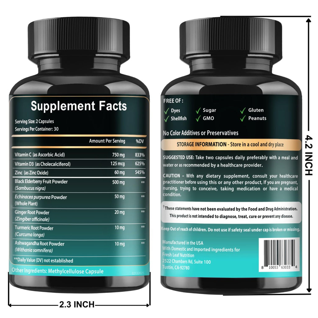 Elderberry Immune Support Supplement 8-in-1 Formula with Echinacea, Vitamin C & Zinc, Vitamin D 5000 IU, Turmeric, Ginger, Ashwagandha – 60 Capsules