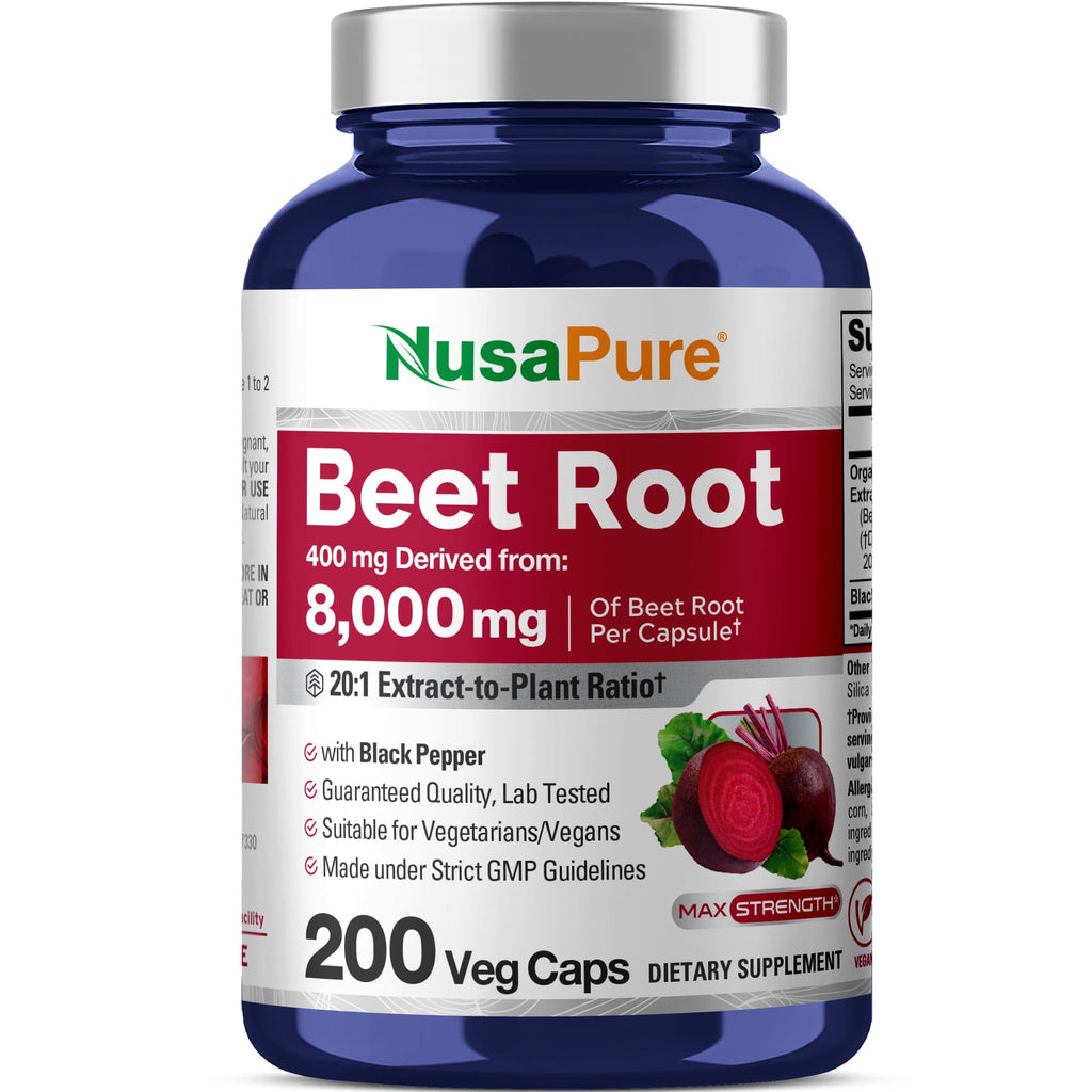 NusaPure Organic Beet Root 20:1 Extract, 400 mg Equivalent to 8,000 mg - Black Pepper 4:1 Extract, 10 mg - 200 Veggie caps (Vegan, Non-GMO) NusaPure Au supplements