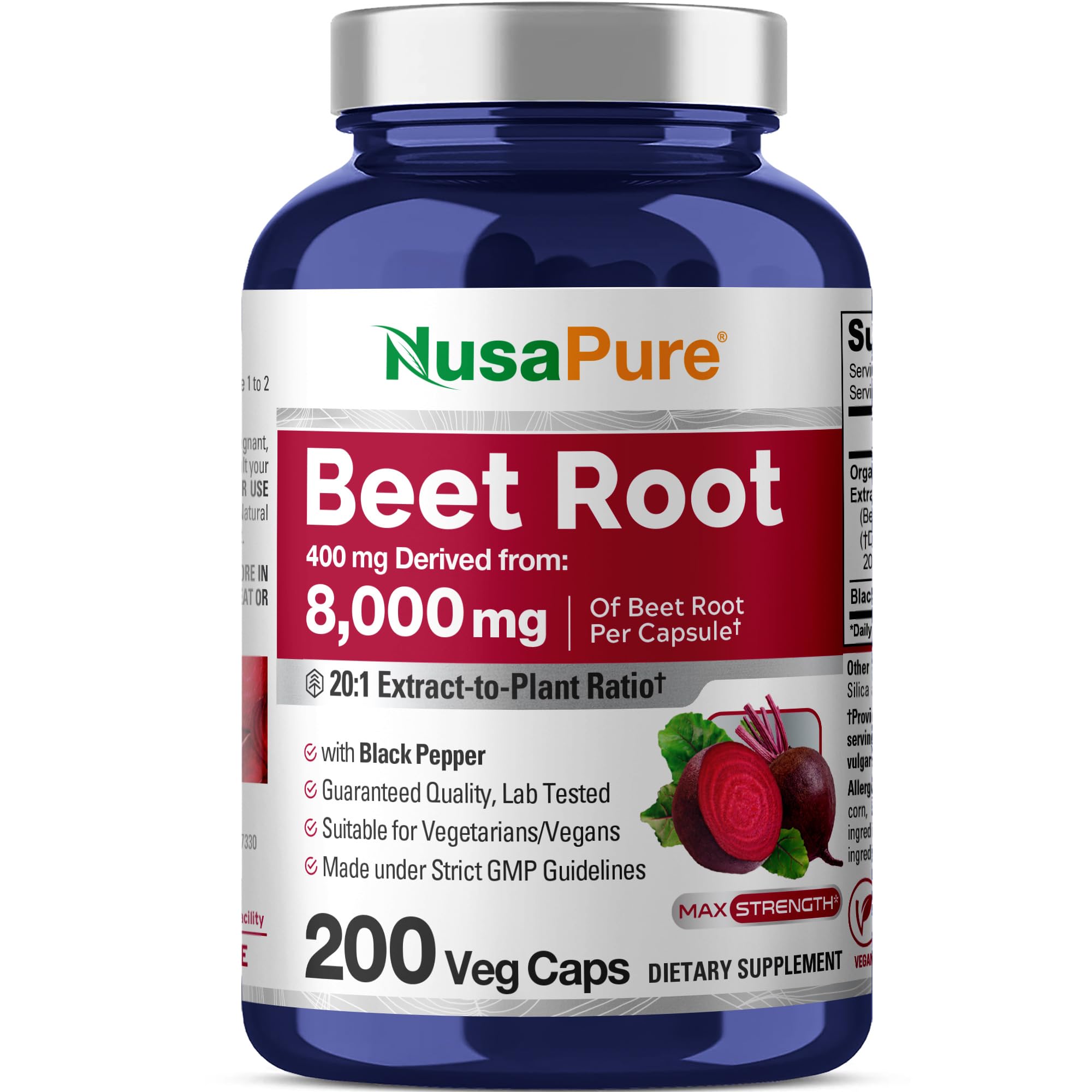 NusaPure Organic Beet Root 20:1 Extract, 400 mg Equivalent to 8,000 mg - Black Pepper 4:1 Extract, 10 mg - 200 Veggie caps (Vegan, Non-GMO) NusaPure Au supplements