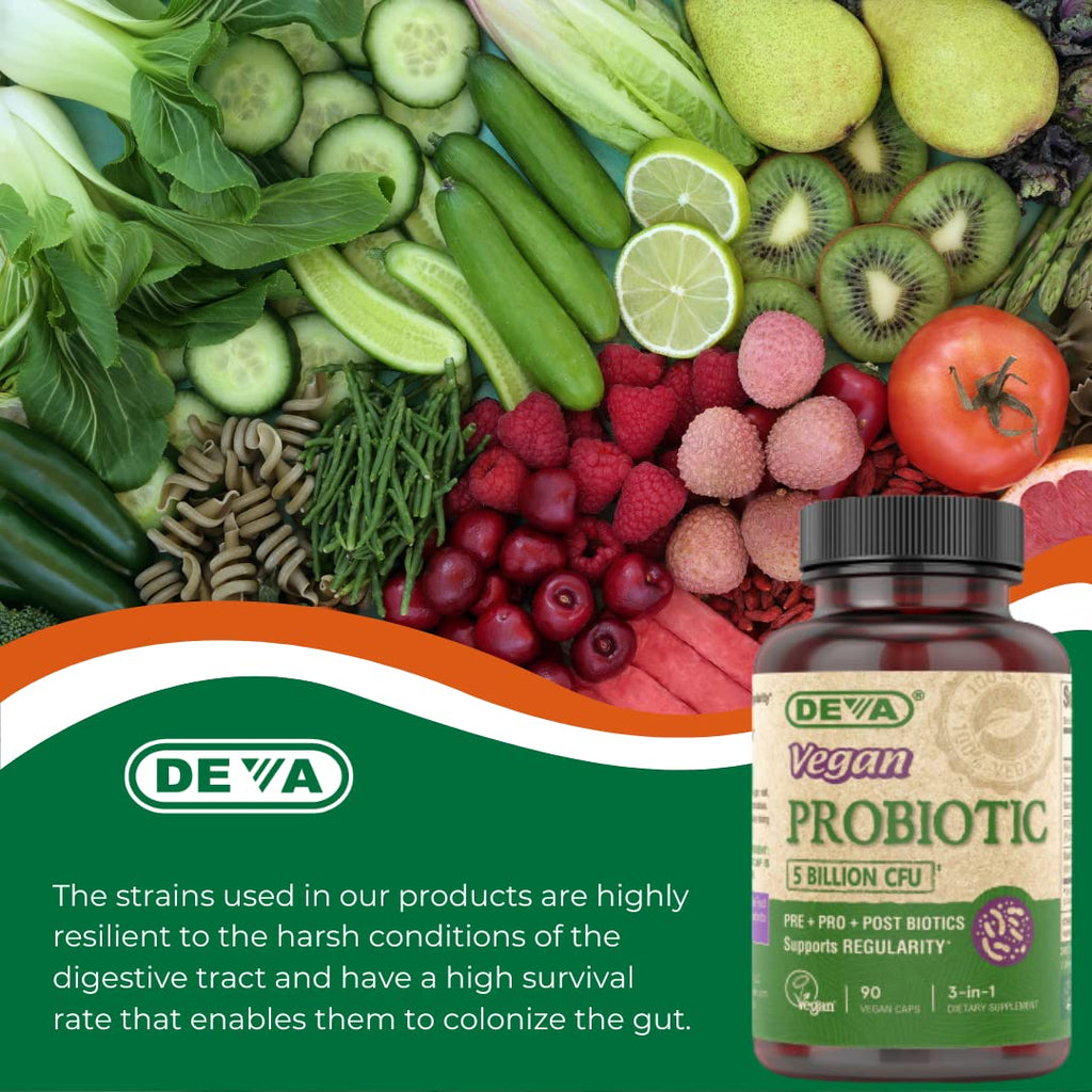 DEVA Vegan Probiotic Supplement - Pre, Pro, and Postbiotics for Digestive Health, 5 Billion CFU, Soil-Based, Spore-Forming, Dairy Free, FOS Prebiotics