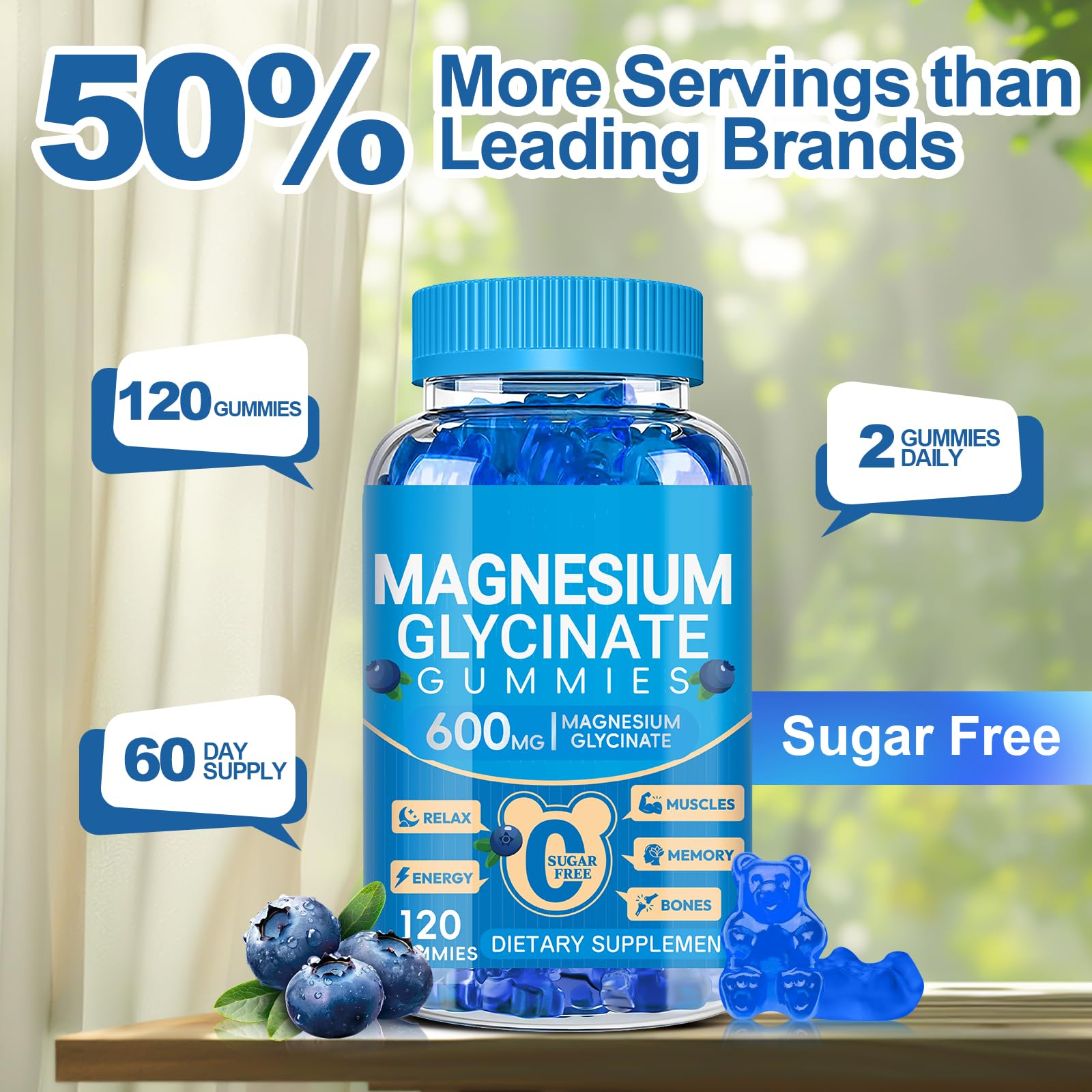 Magnesium Glycinate Gummies 600mg, Chewable Sugar Free Potassium Magnesium Gummies with Manganese Glycinate, Vitamin D, B6, and CoQ10 for Calm Suppor