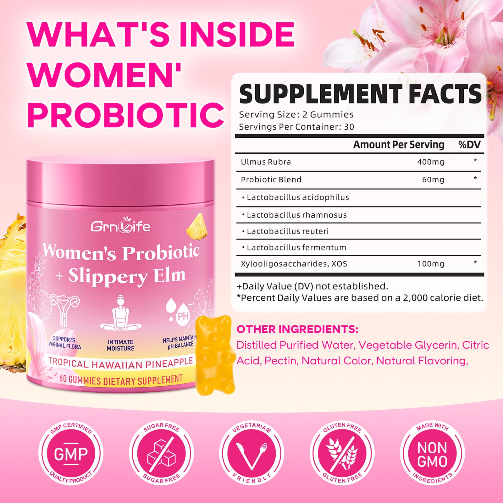 GrnLife Women's Probiotic Slippery Elm Gummies, Her Juicy Feminine Probiotics Gummies for pH Balance & Immune Supports, Pineapple Flavor, 60 Count GrnLife Au supplements