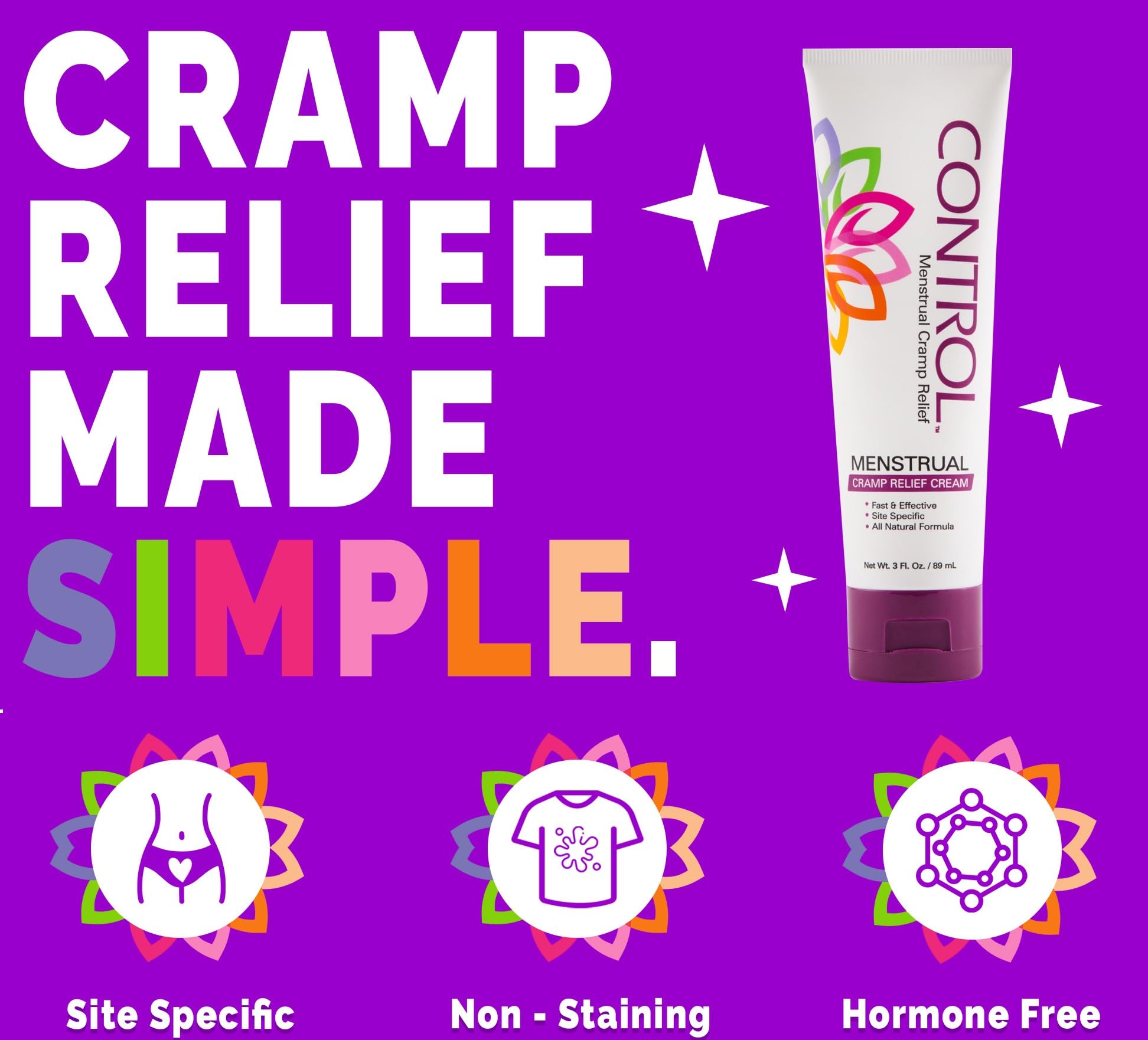 CONTROL, Menstrual Cramp Relief Cream, Topical Pain Relief for Period Cramps and PMS, Period Relief Products, Fast and Effective, Easy to Use, Safe for All Ages, Hormone Free, All Natural, 3 oz Tube. CONTROL Au supplements