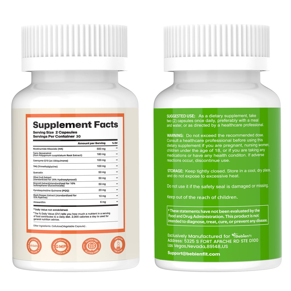 Nad Supplement for Healthy Aging | Energy| Antioxidant| Skin Health| Focus ,10-in-1 Formula with NR,Trans-Resveratrol,CoQ10,Astaxanthin,PQQ,TMG,Quercetin,Olive Fruit Nad+ for Women Men,60 Vegan Caps Bebien fit Au supplements
