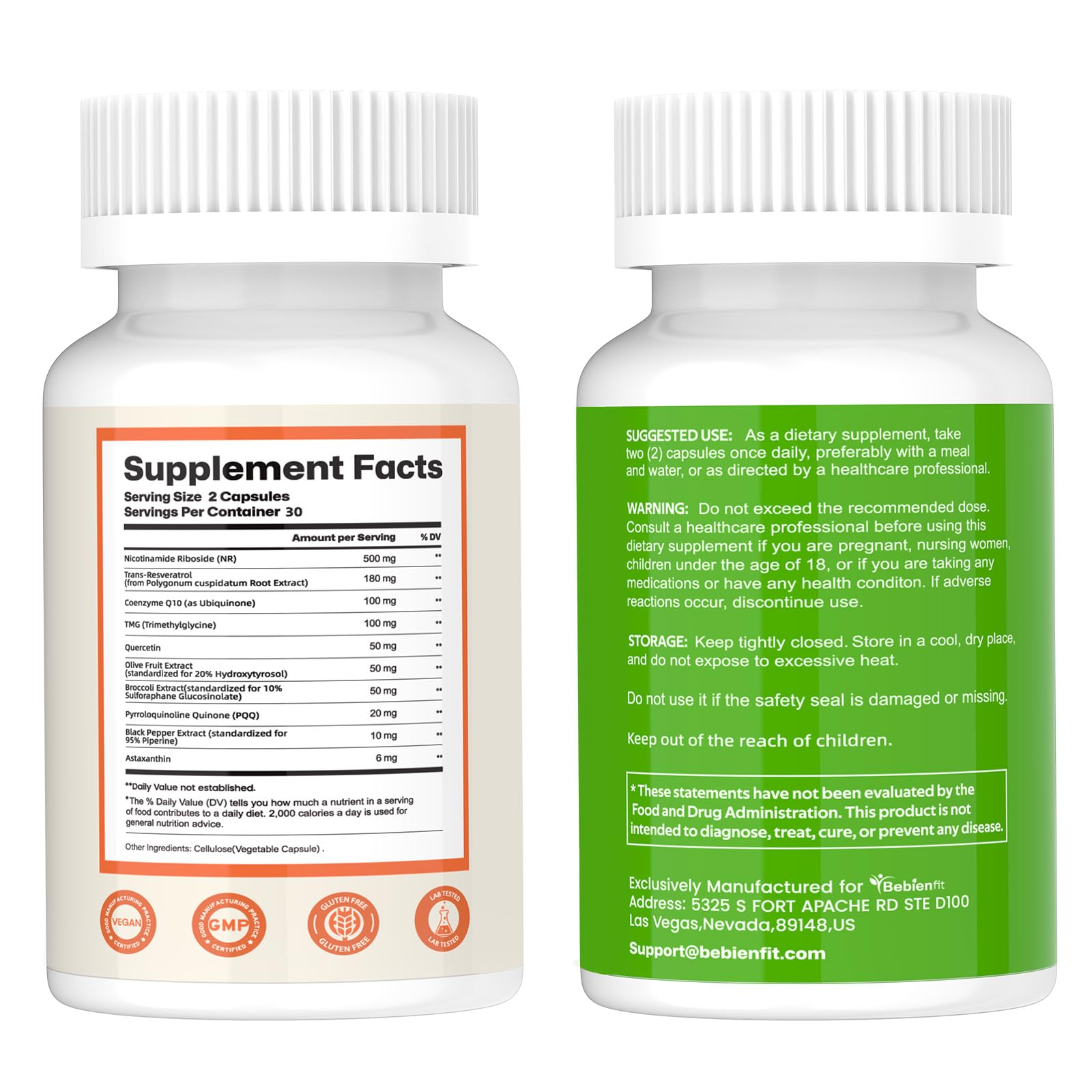 Nad Supplement for Healthy Aging | Energy| Antioxidant| Skin Health| Focus ,10-in-1 Formula with NR,Trans-Resveratrol,CoQ10,Astaxanthin,PQQ,TMG,Quercetin,Olive Fruit Nad+ for Women Men,60 Vegan Caps Bebien fit Au supplements