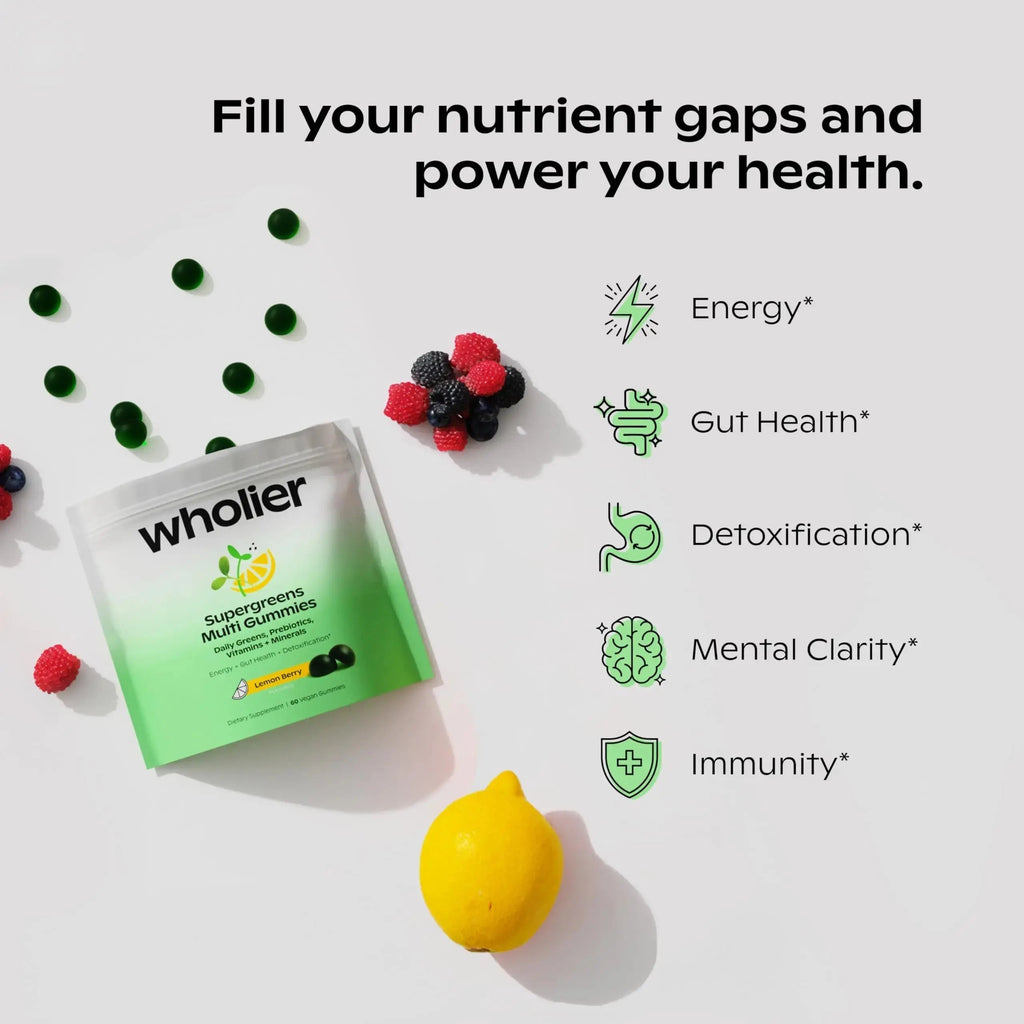 wholier Supergreens Multi Gummies, Daily Greens with Prebiotics, Fiber, Adaptogens, Plant-Based Multivitamin with 9 Essential Vitamins wholier Au supplements