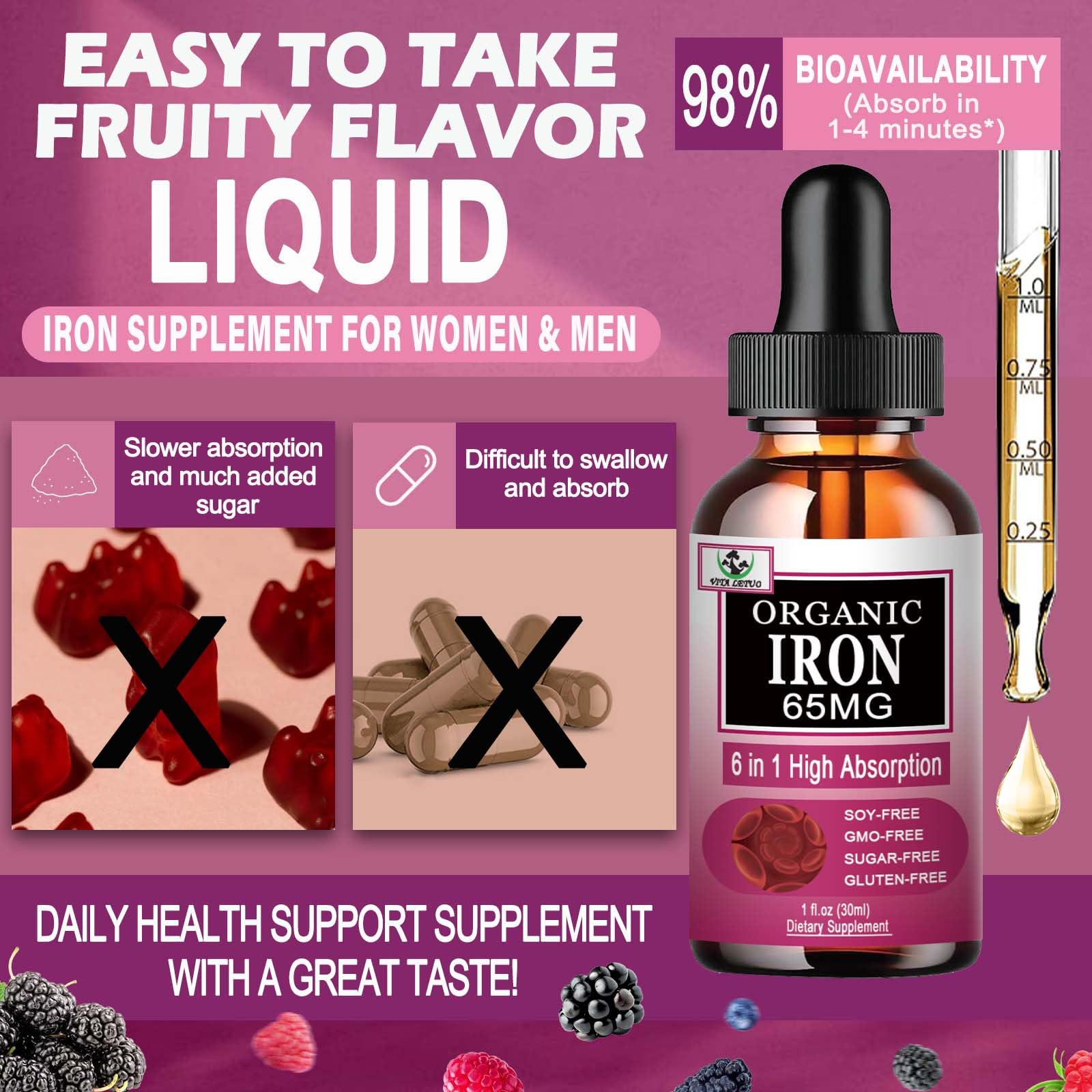 Vita letuo Iron Supplement for Women with Vitamin C,6-in-1 Liquid Supplement w/Vitamin B12,Vitamin B6,High Absorption Liquid Iron Drops for Red Blood Cells
