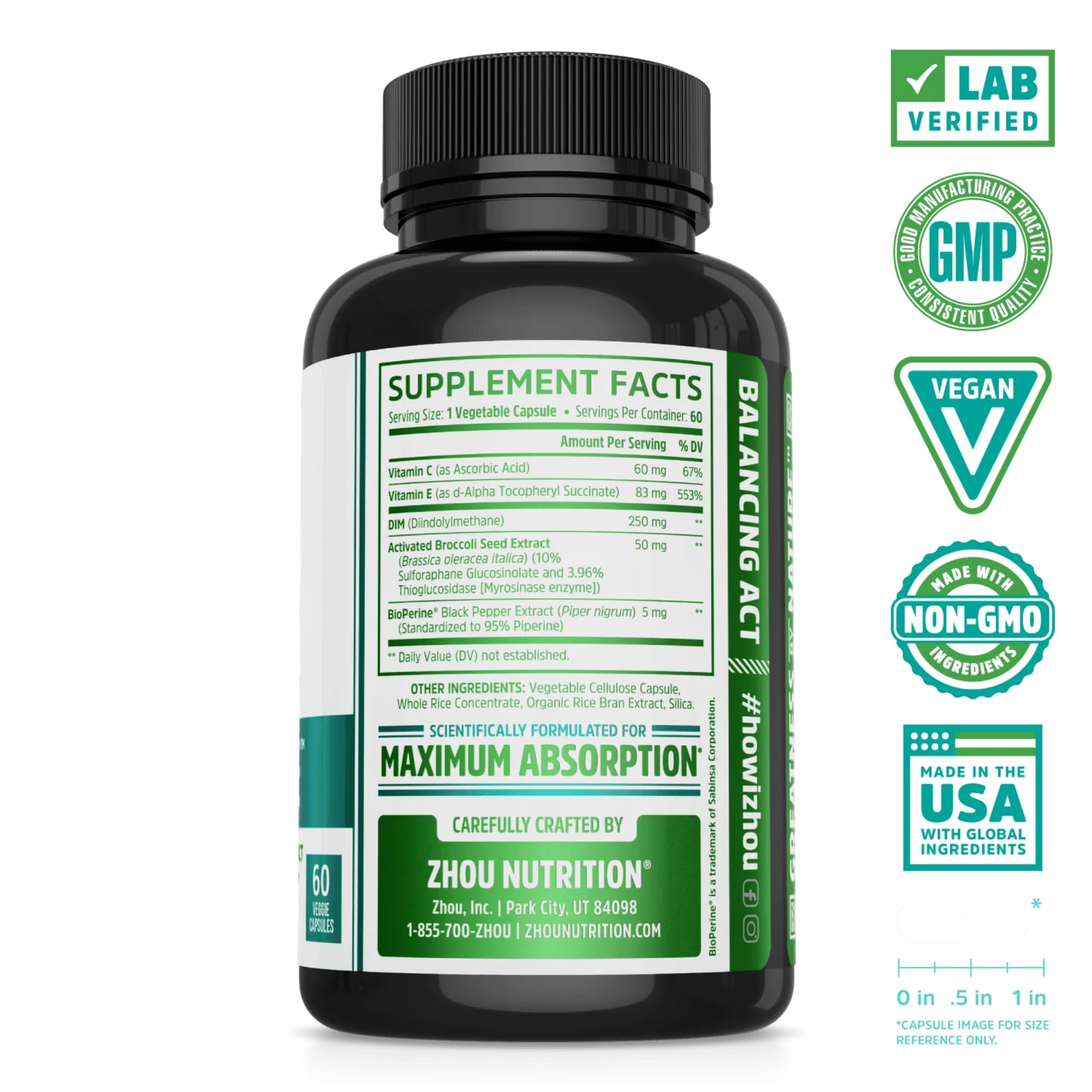 Zhou DIM Active - DIM Supplement, Hormone Balance for Women & Men, Hormonal Support with 250mg Diindolylmethane - 60 Vegan Capsules ZHOU Au supplements
