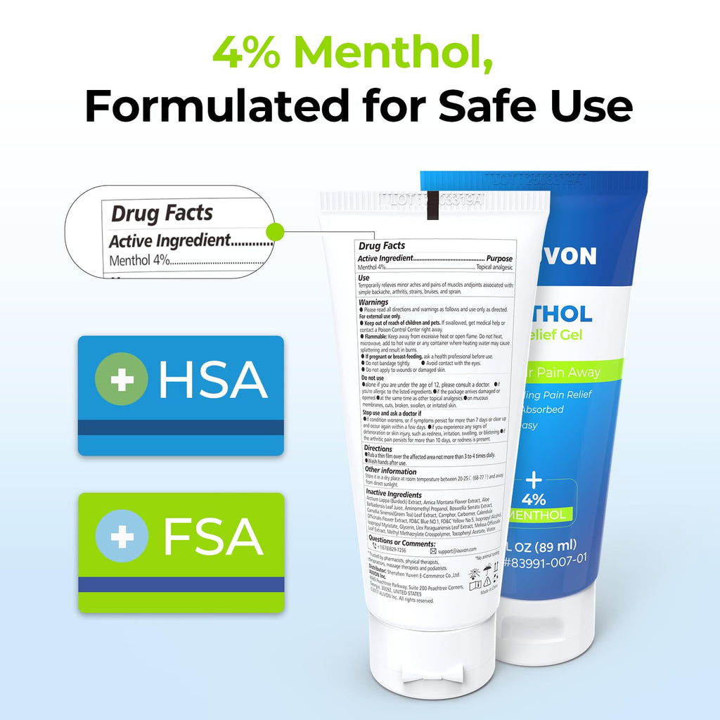 AUVON Menthol Pain Relief Gel for Chronic Joint & Back Pain, Arthritis Pain Reliever for Muscle Pain Relief, Fast-Acting Menthol Cooling Gel Soothes Knee, Hip, Shoulder, Neck Pain, 3 FL OZ Per Pack AUVON Au supplements