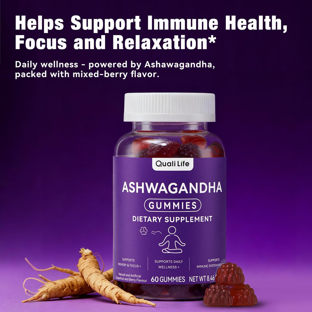 QualiLife Ashwagandha Gummies for Relax & Cortisol Support – High Strength Root Extract with Cranberry & Chaste Tree, Grapefruit & Berry Flavour – Vegan, Non-GMO, Gluten-Free – 60 Gummies (30 Days) QualiLife Au supplements