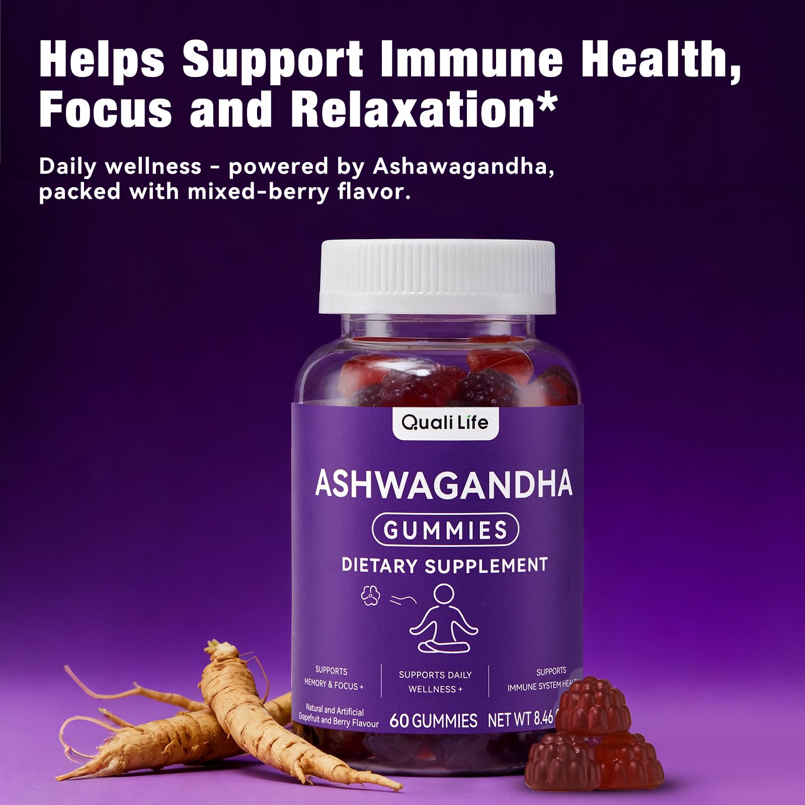 QualiLife Ashwagandha Gummies for Relax & Cortisol Support – High Strength Root Extract with Cranberry & Chaste Tree, Grapefruit & Berry Flavour – Vegan, Non-GMO, Gluten-Free – 60 Gummies (30 Days) QualiLife Au supplements